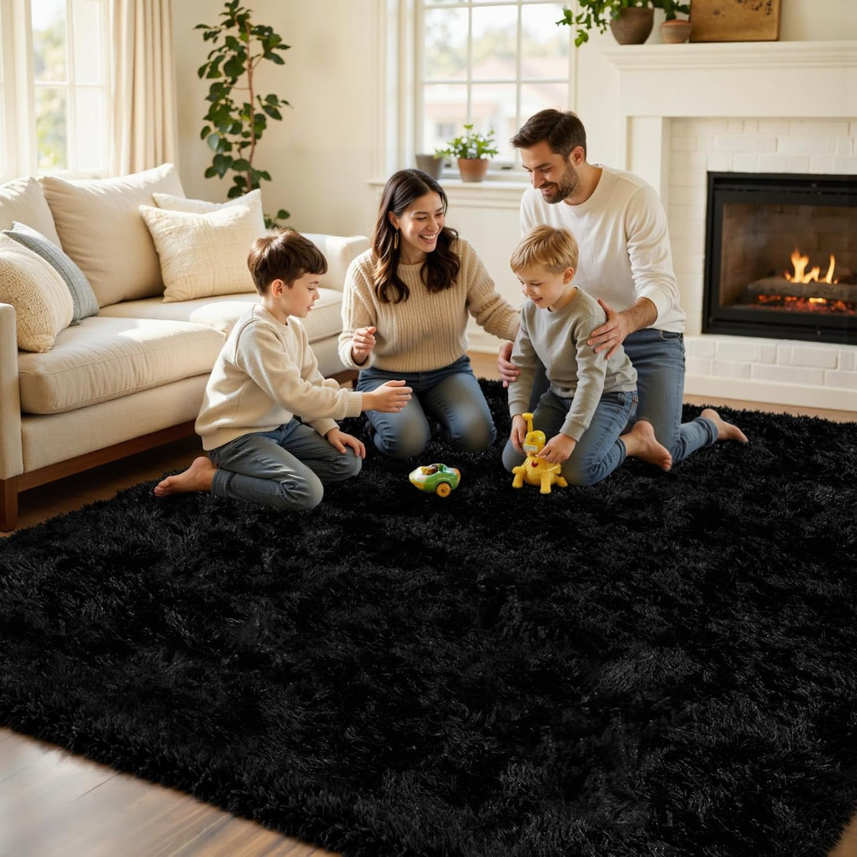 6x9 Black Fluffy Fuzzy Shag Area Rug for Living Room, Bedroom, Dorm Carpet