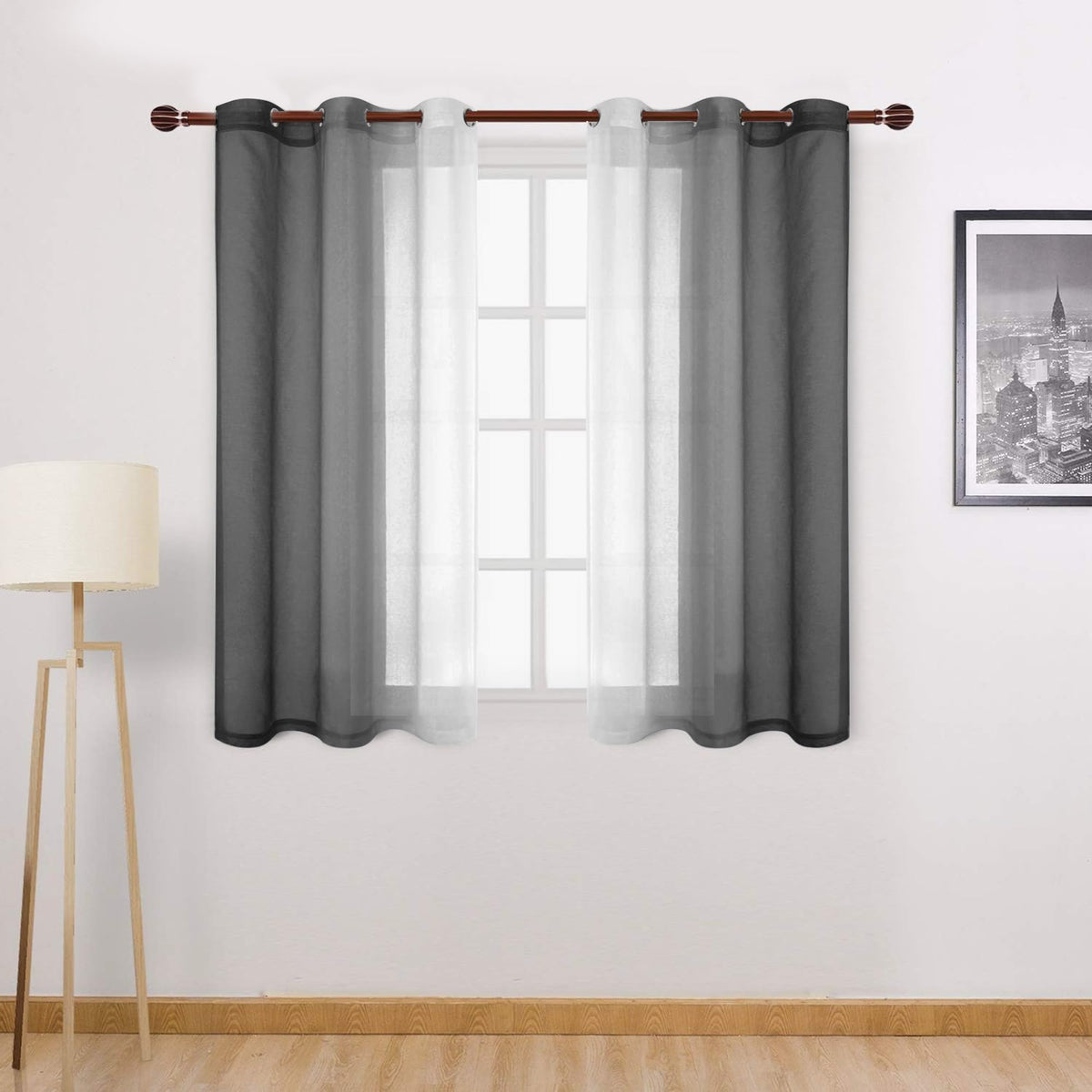 DWCN Blue Linen Ombre Sheer Curtains - Semi Voile Gradient Grommet Top Curtains for Bedroom and Living Room, Set of 2 Window Curtain Panels, 52 x 84 Inches Long, Denim Blue