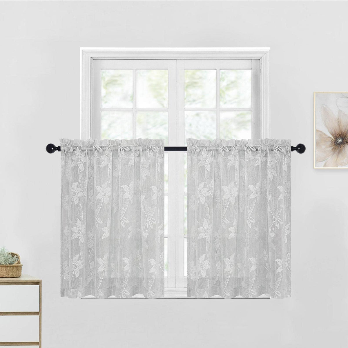 DWCN White Sheer Curtains - Short Curtains Floral Lace Design Rod Pocket Window Voile Sheer Drapes for Bedroom Kitchen Small Window 42 x 54 inch Length, 2 Panels White