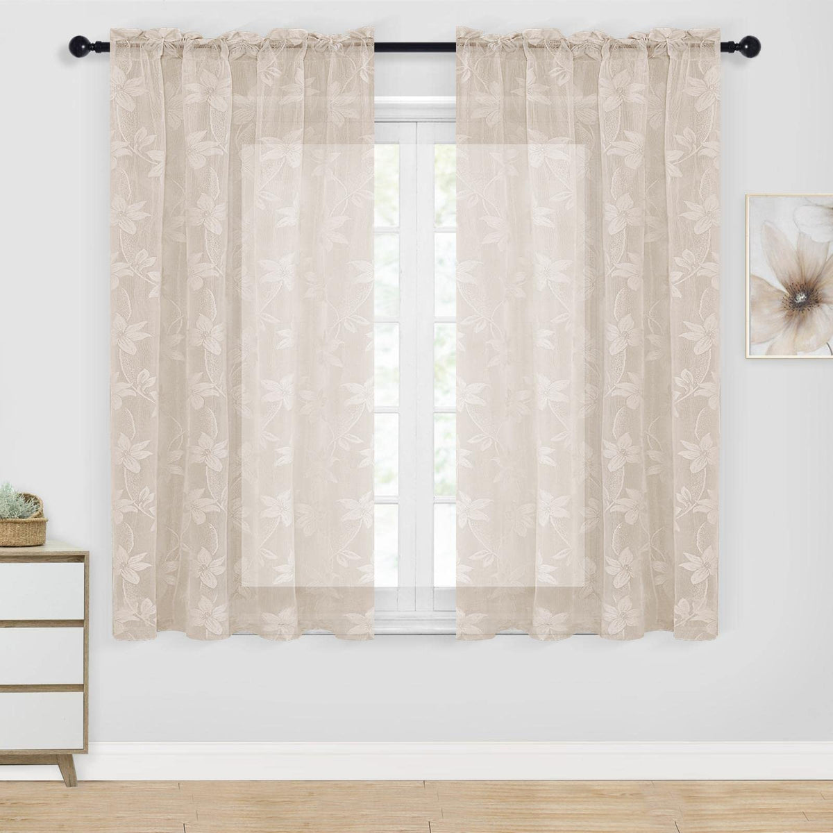 DWCN White Sheer Curtains - Short Curtains Floral Lace Design Rod Pocket Window Voile Sheer Drapes for Bedroom Kitchen Small Window 42 x 54 inch Length, 2 Panels White