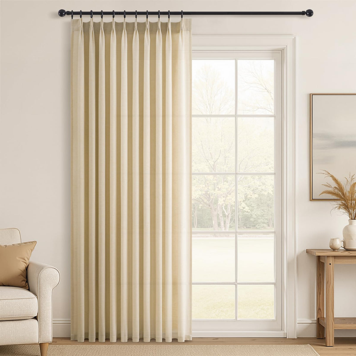 96 Inches Long Pinch Pleated Semi Sheer Curtains,Natural Linen Blended Light Filtering Window Curtains 96 Length 2 Panels for Living Room Bedroom Pinch Pleat Drapes with Hooks 2 Panels 40" Wx96 L