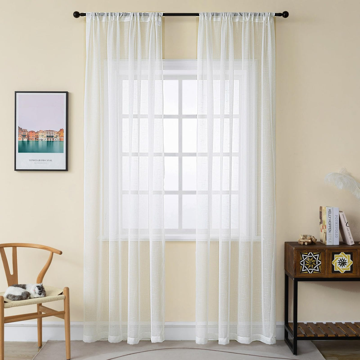 Off White Sheer Curtains 84 Inches Long Pinch Pleat Linen Textured Ceiling
