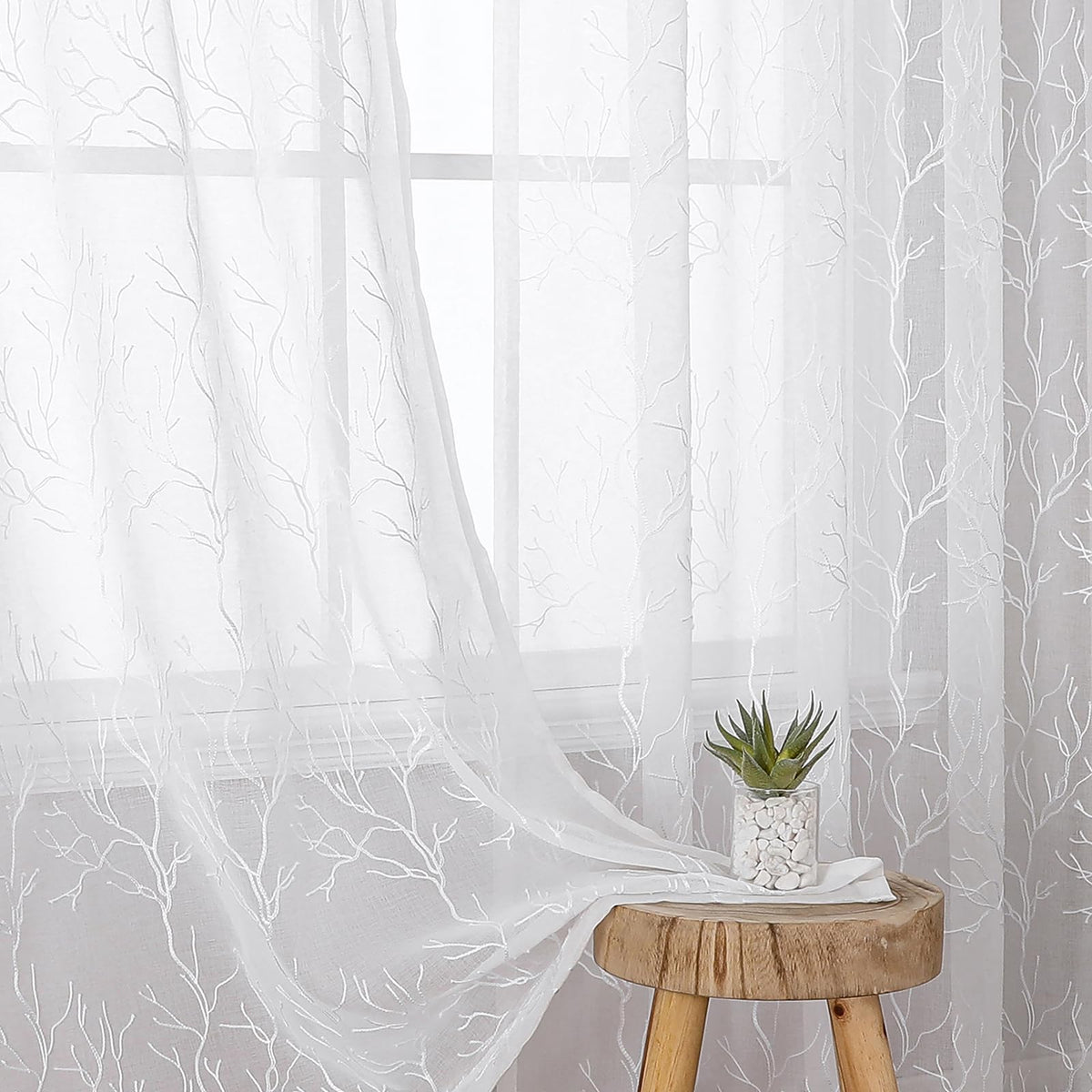 VISIONTEX Sheer Curtains Boho Leaf Floral Embroidered Cream Beige 54Wx84L