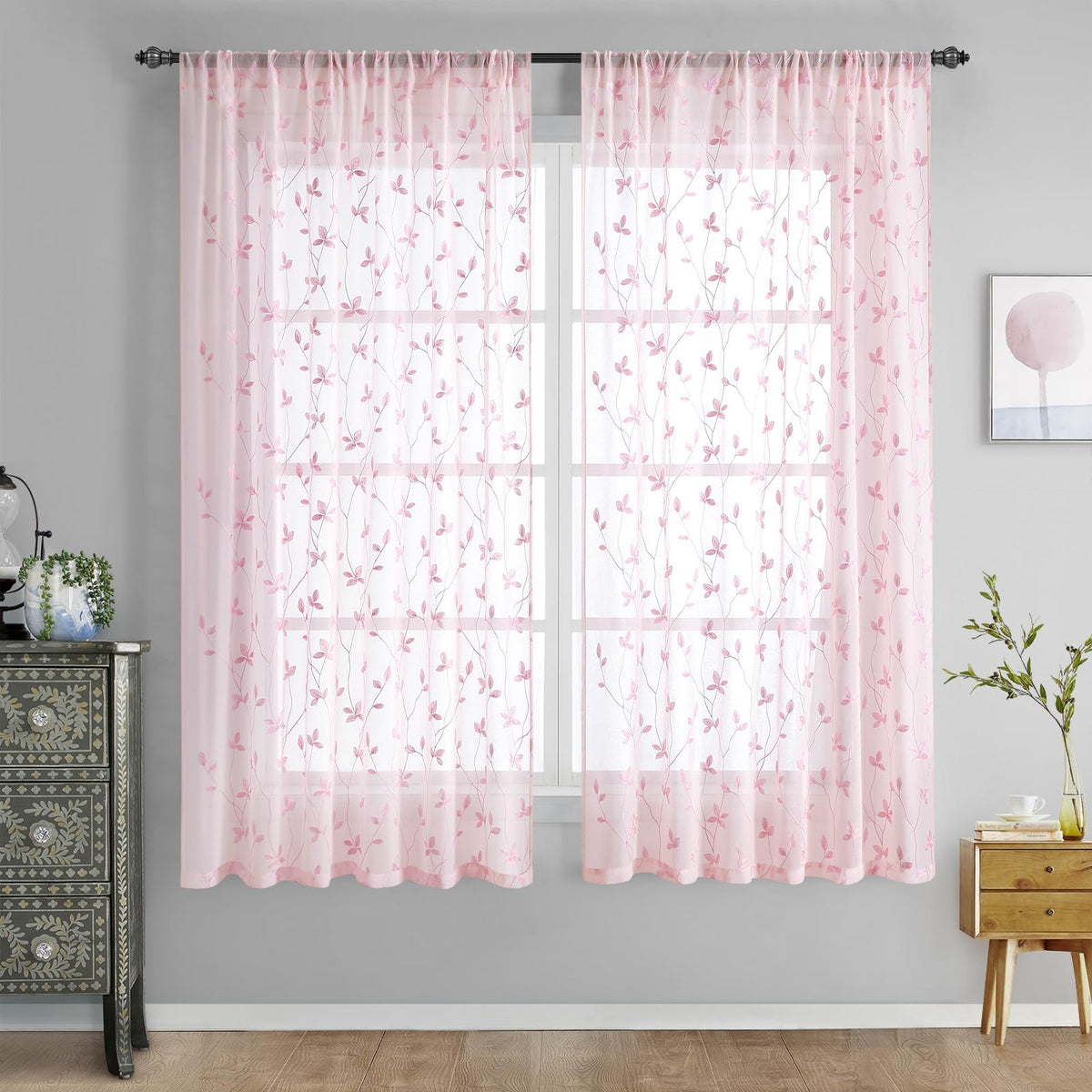 HOMEIDEAS Sage Green Sheer Curtains Leaf Embroidered, 52x84 Inch, 2 Panels