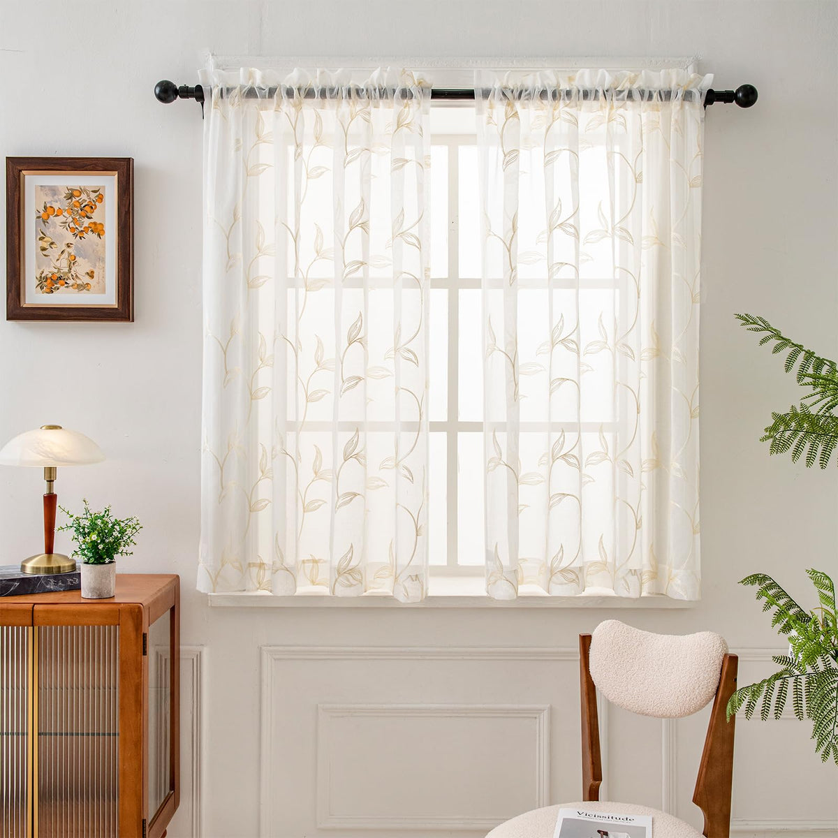 VISIONTEX Sheer Curtains Boho Leaf Floral Embroidered Cream Beige 54Wx84L