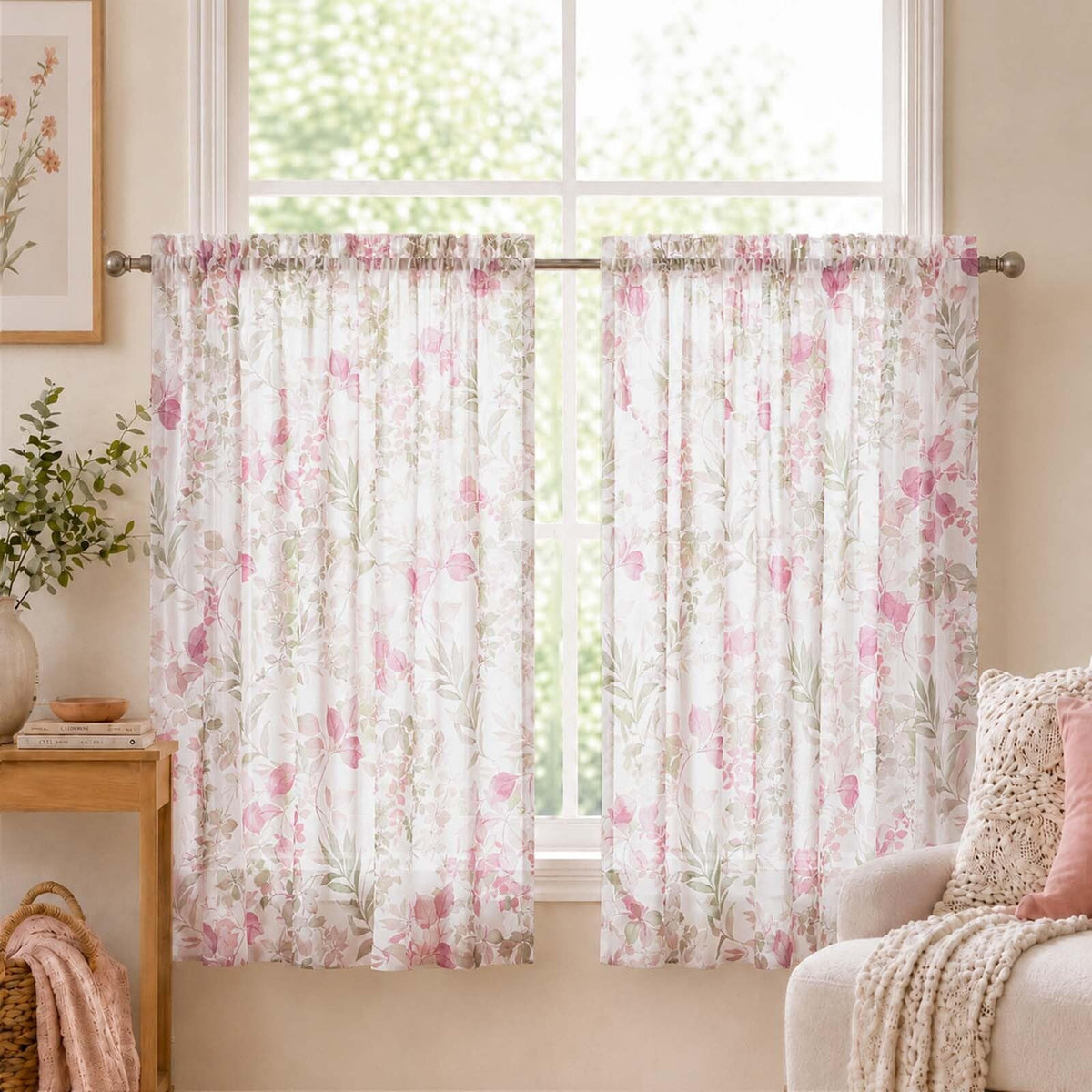 OWENIE Crushed Sheer Curtains 63 Inch Length 2 Panels Set, Sheer Floral Curtians with Printed Leaves Design, Printing Drapes for Living Room, Rod Pocket Light Filtering Window Sheers 42" W x 63" L