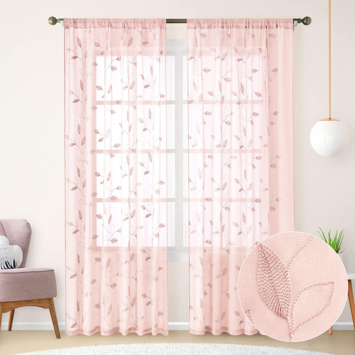 HOMEIDEAS Sage Green Sheer Curtains Leaf Embroidered, 52x84 Inch, 2 Panels