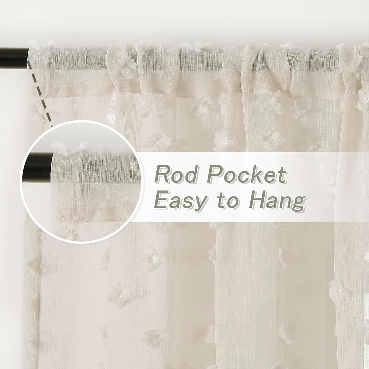 MYSKY HOME Beige Boho Sheer Curtains with Cream Pom Pom 50Wx84L,2 Panels