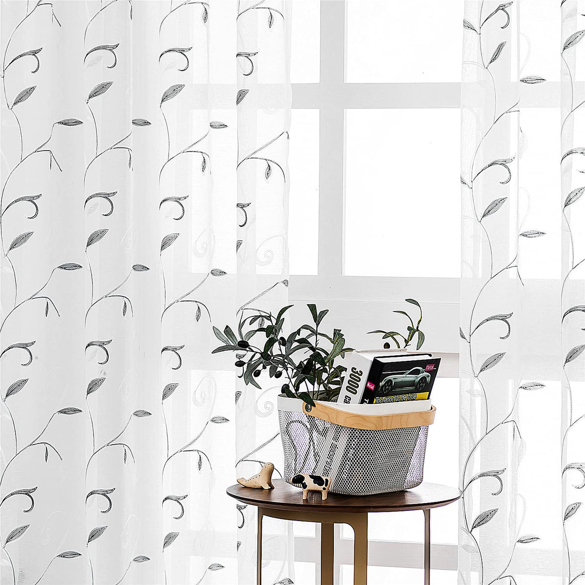 VISIONTEX Sheer Curtains Boho Leaf Floral Embroidered Cream Beige 54Wx84L