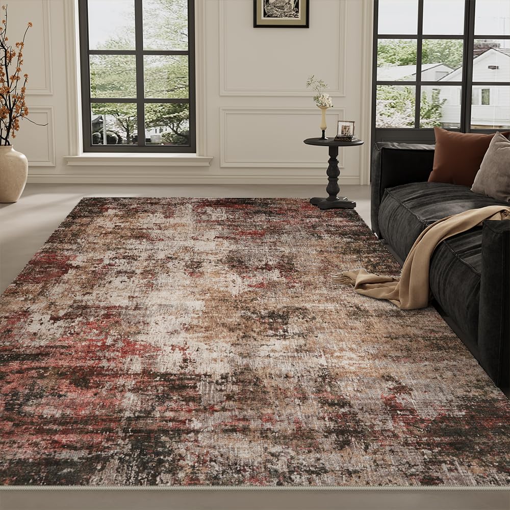 8x10 Pink Gray Washable Area Rug for Living Room, Vintage Print