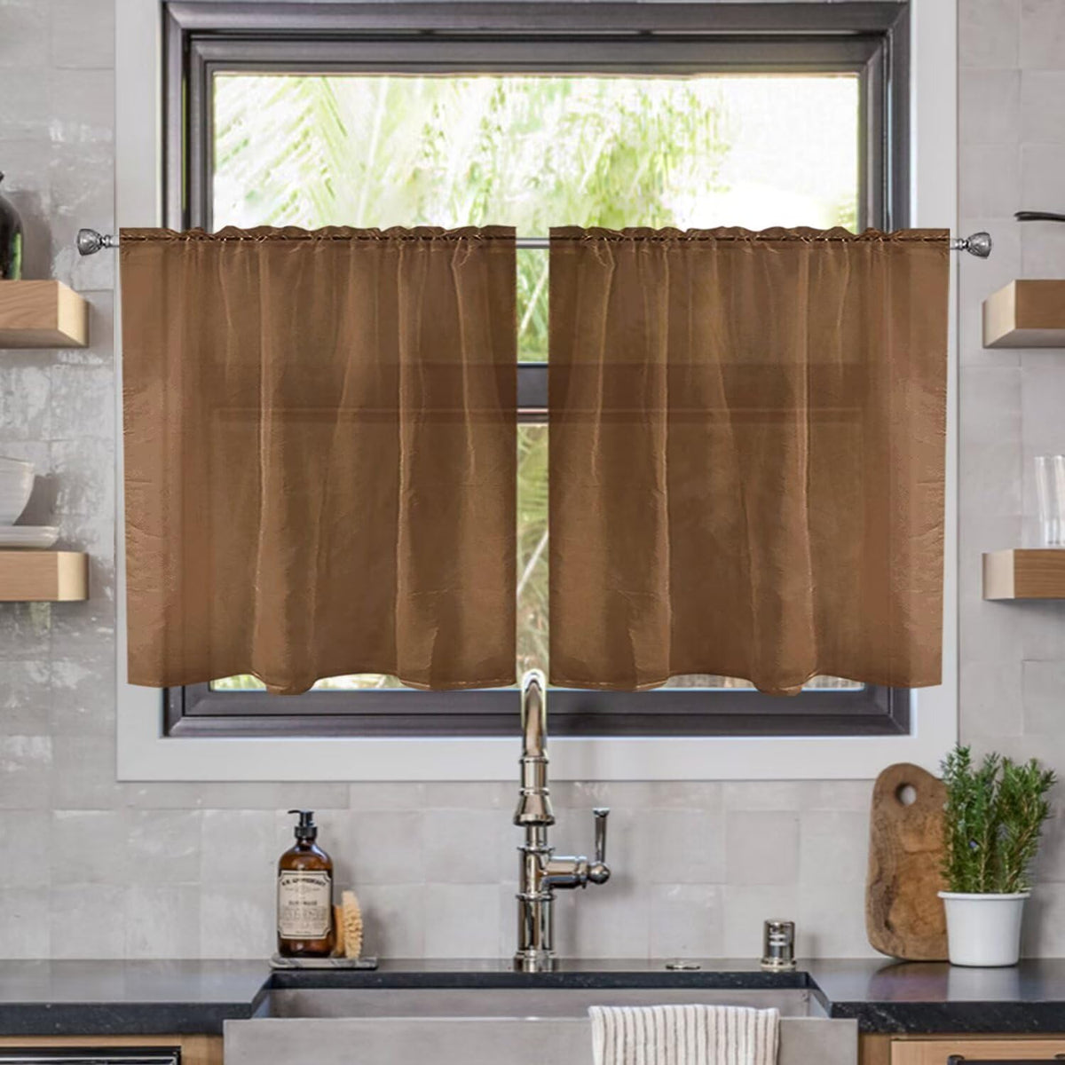 youleyar Solid Sheer Rod Pocket Curtain Voile Draperies 2 Panels White Beige Black Grey Coffee 52 Inch Width 84 Inch Long 1 Pair for Kitchen Bedroom Children Living Room Yard (Orange,52Wｘ84L)