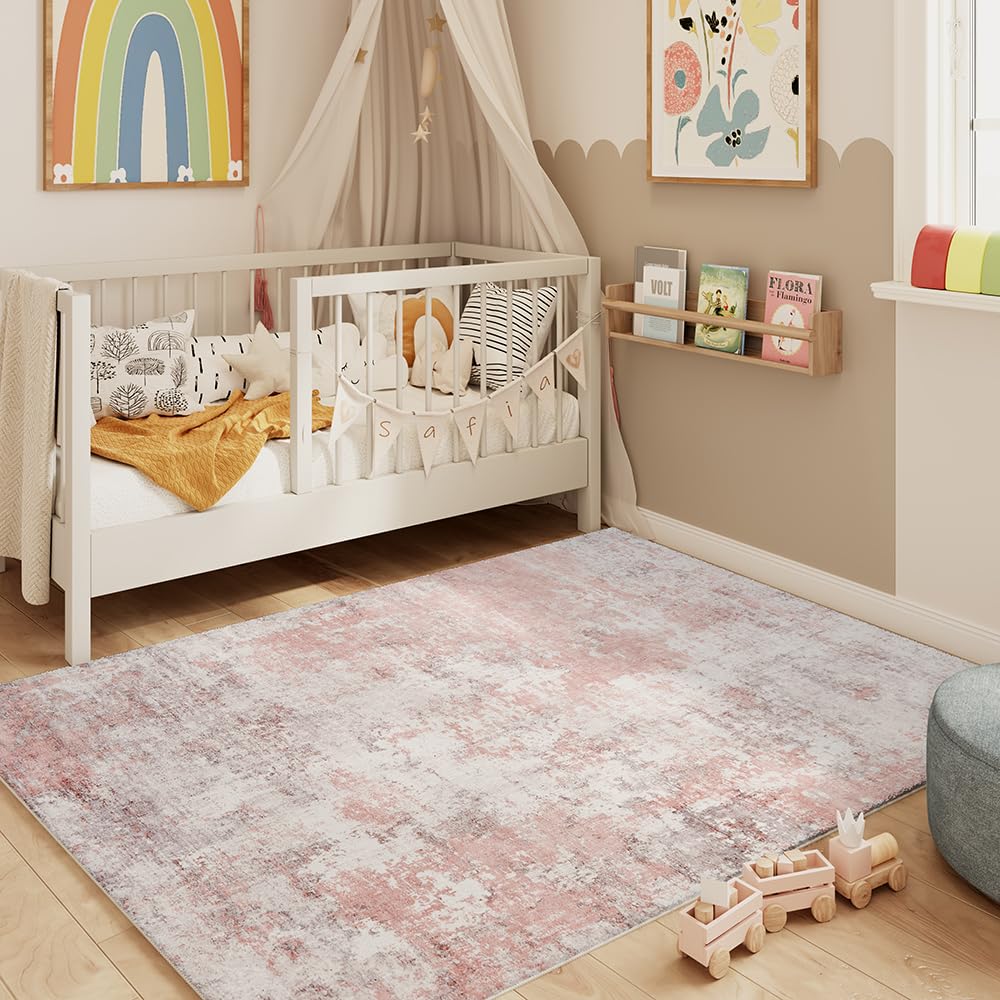 8x10 Pink Gray Washable Area Rug for Living Room, Vintage Print