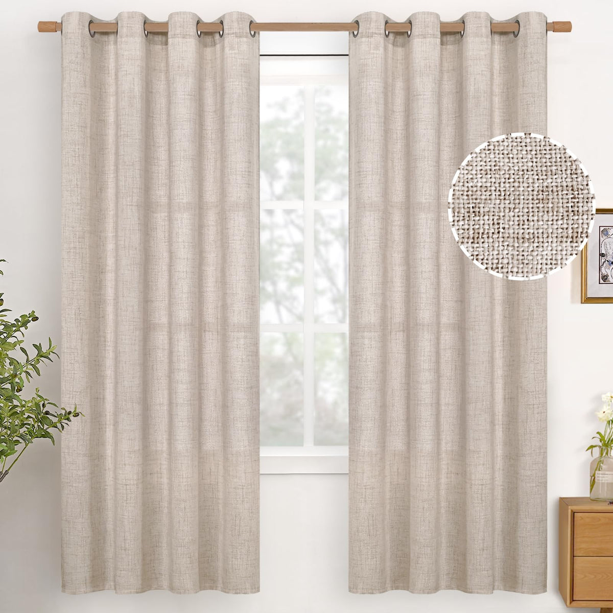 YoungsTex Linen Semi Sheer Curtains 63 Inch Length, Light Filtering Drapes