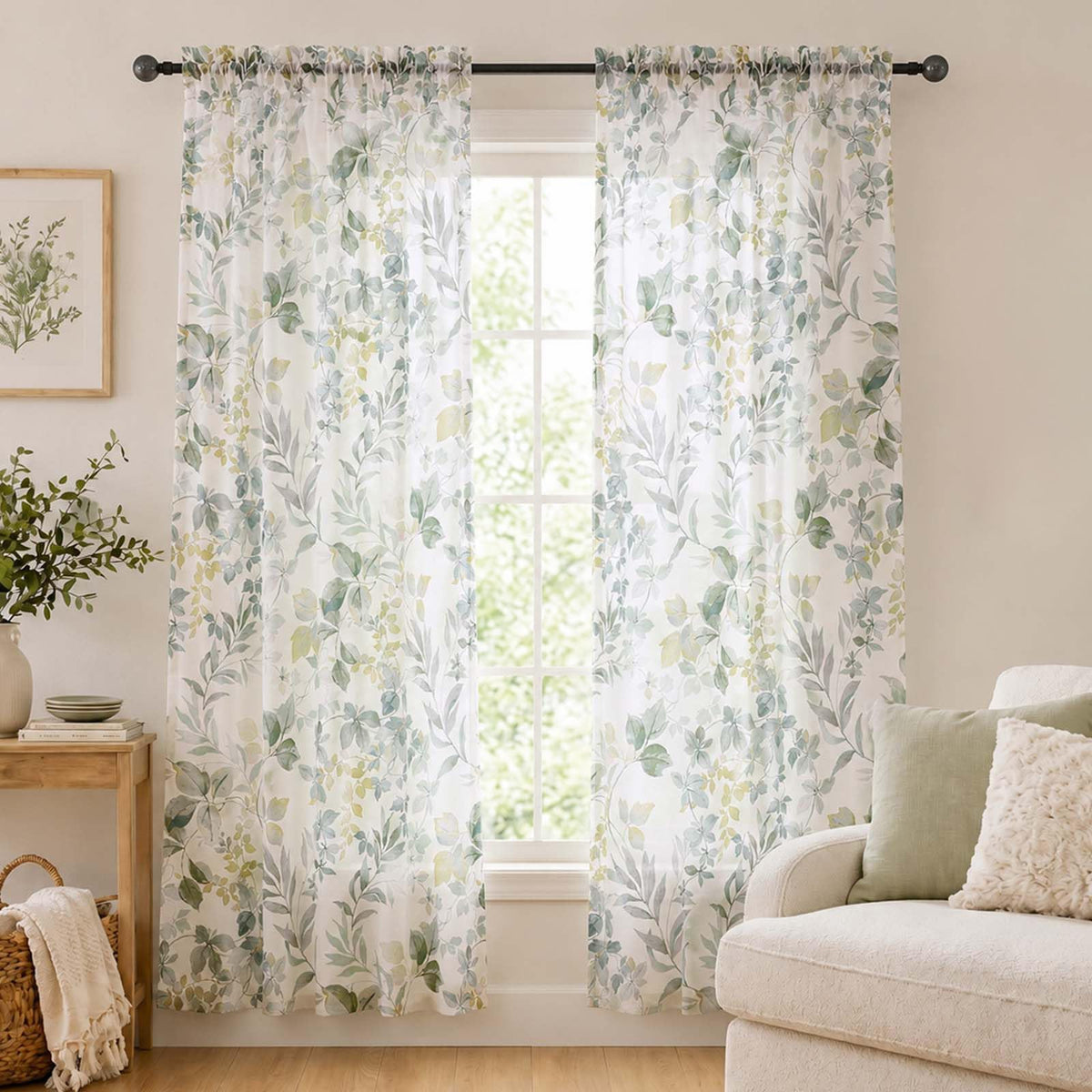 OWENIE Crushed Sheer Curtains 63 Inch Length 2 Panels Set, Sheer Floral Curtians with Printed Leaves Design, Printing Drapes for Living Room, Rod Pocket Light Filtering Window Sheers 42" W x 63" L