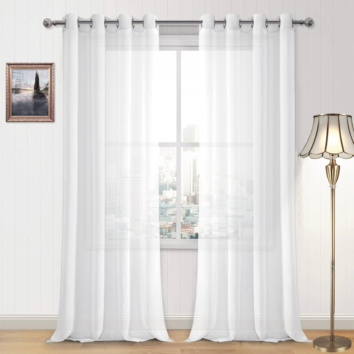 DWCN White Sheer Curtains Linen Look Semi Transparent Voile Grommet White Curtains for Living Dining Room Drapes 52 x 84 Inch Long, Set of 2 Panels