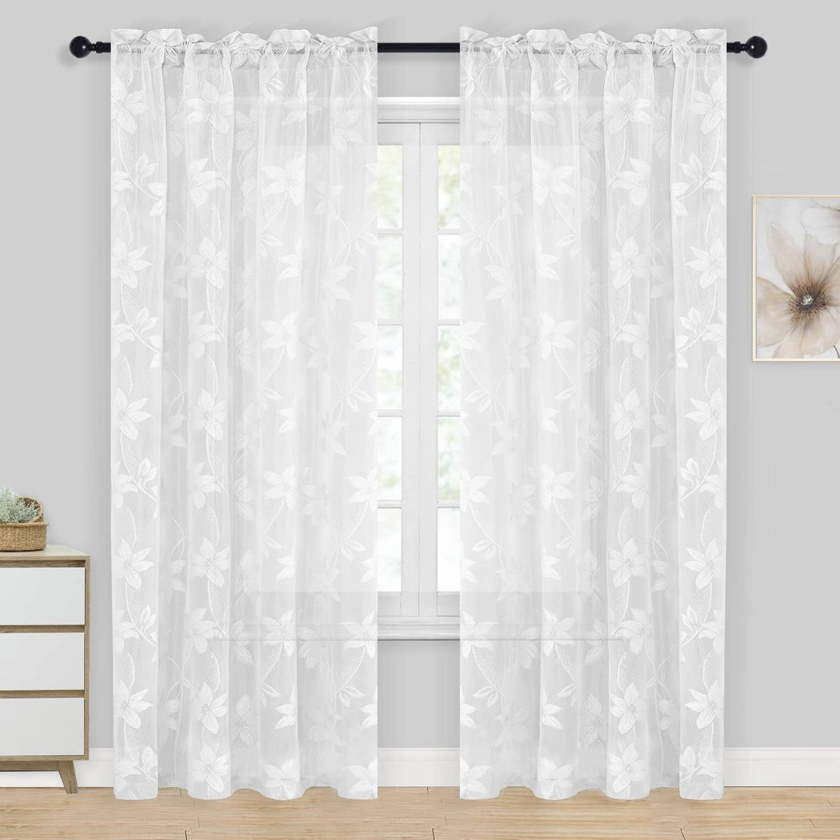 DWCN White Sheer Curtains - Short Curtains Floral Lace Design Rod Pocket Window Voile Sheer Drapes for Bedroom Kitchen Small Window 42 x 54 inch Length, 2 Panels White