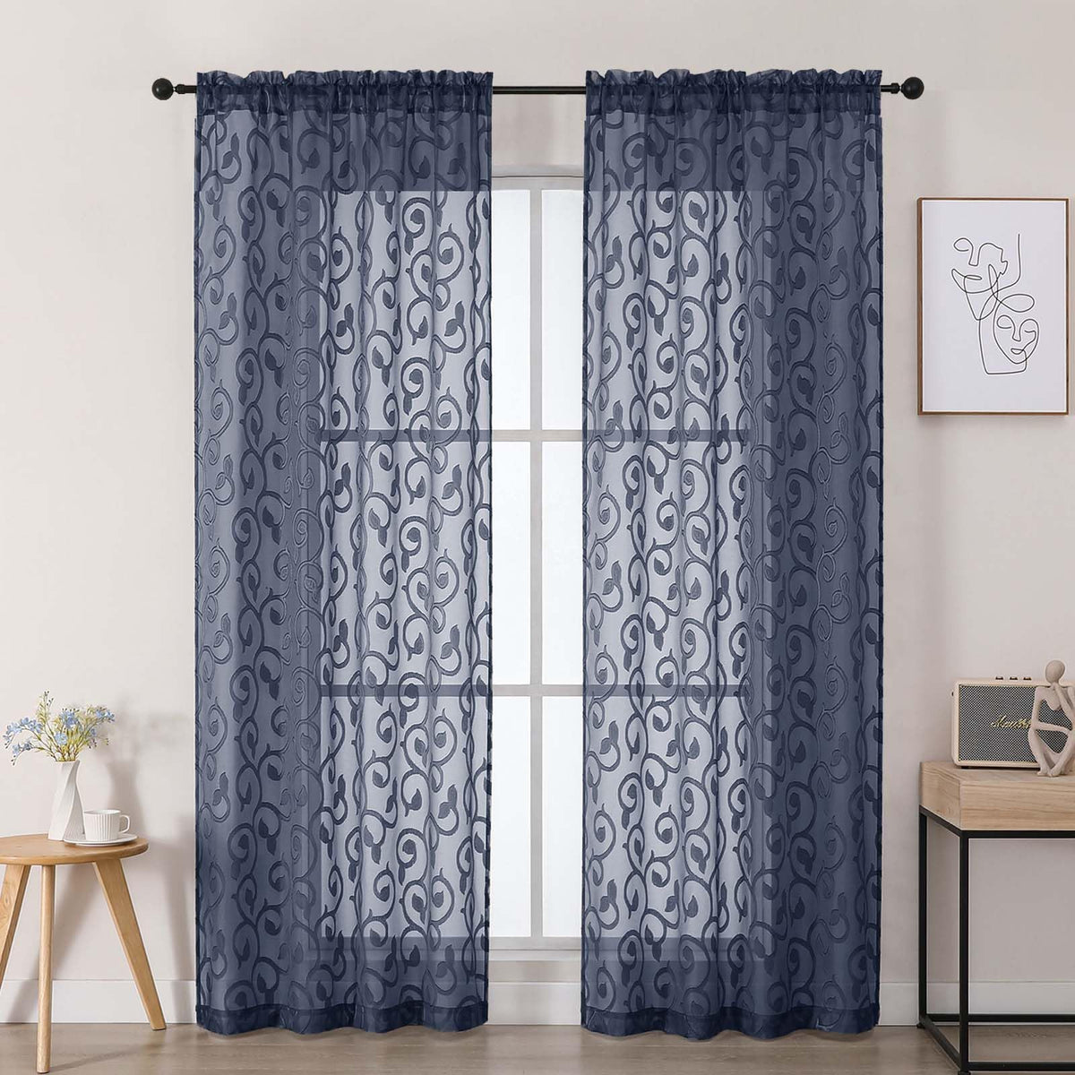 Dusty Blue Sheer Curtains for Bedroom Living Room 72 Inches Long 2 Panels Set, Soft Airy Geometric Jacquard Clip Curtains Drapes, Modern Rod Pocket Door Curtain, 2Pcs Each 42" Wx72 L Inch