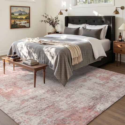 8x10 Pink Gray Washable Area Rug for Living Room, Vintage Print