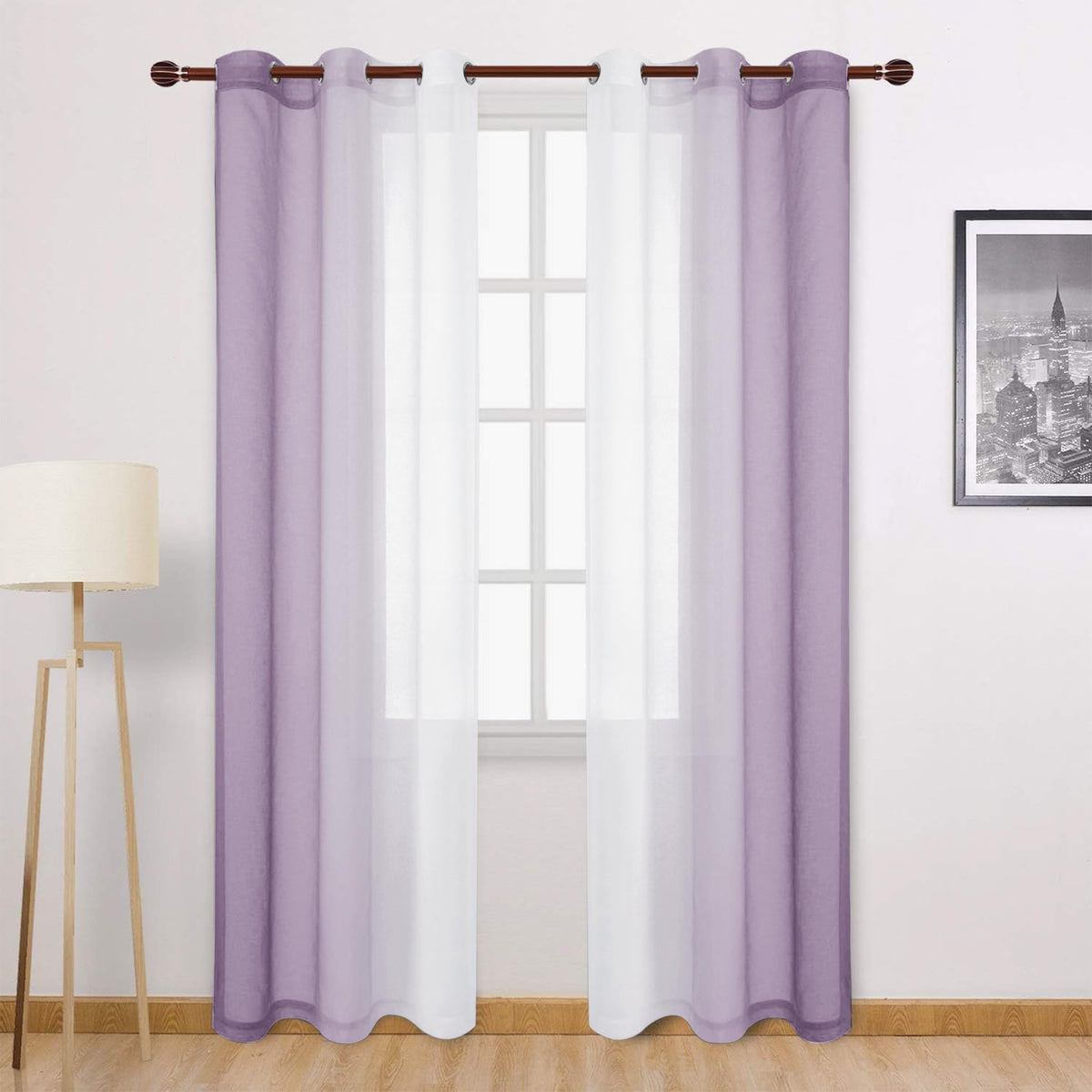 DWCN Blue Linen Ombre Sheer Curtains - Semi Voile Gradient Grommet Top Curtains for Bedroom and Living Room, Set of 2 Window Curtain Panels, 52 x 84 Inches Long, Denim Blue