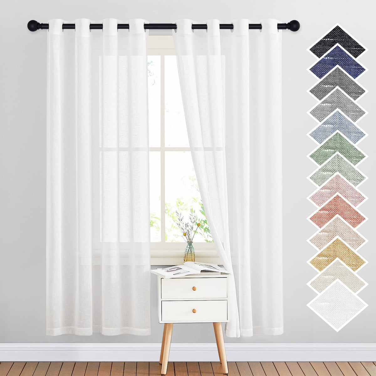 NICETOWN White Sheer Linen Curtains 84 Inch Length 2 Panels Set, W52xL84