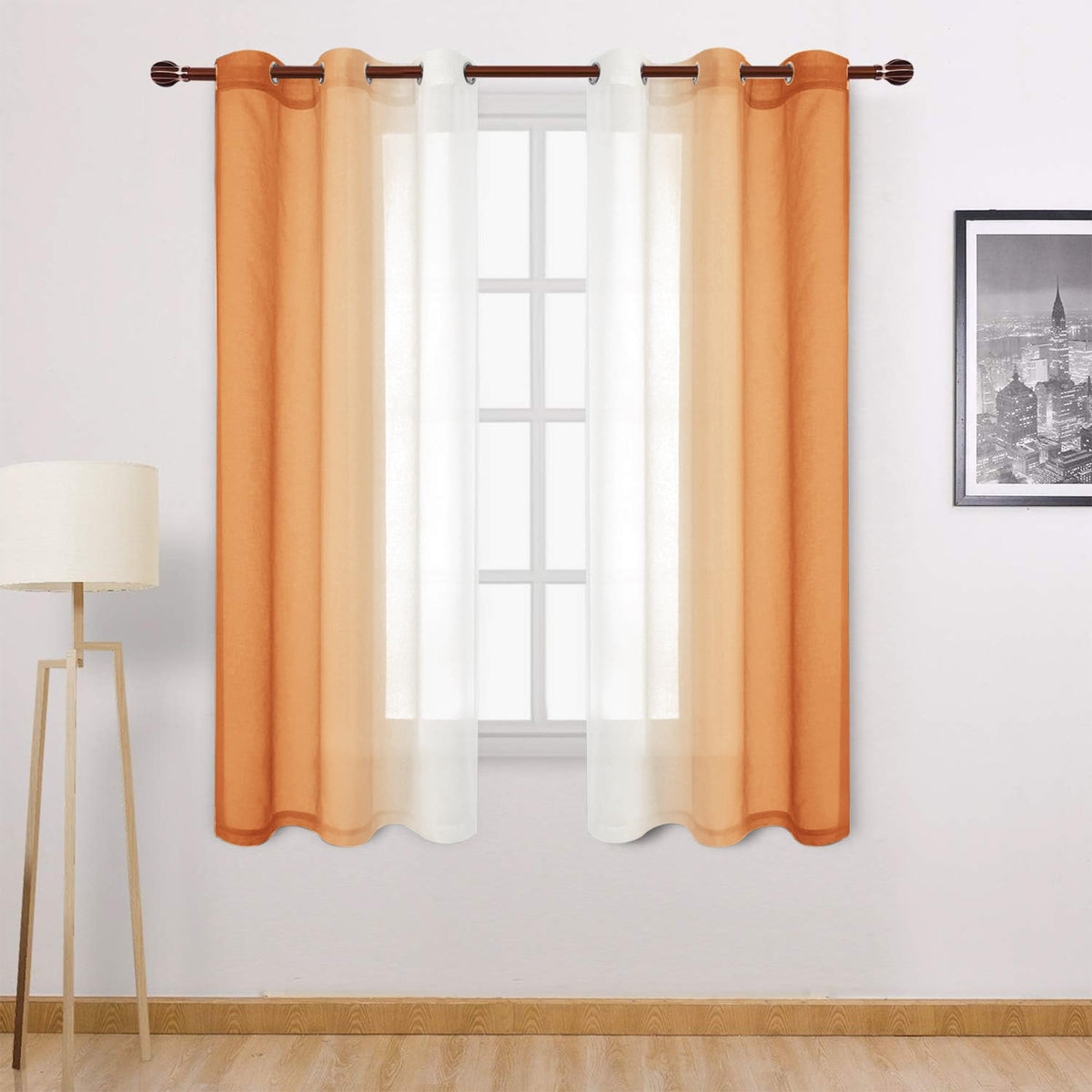 DWCN Blue Linen Ombre Sheer Curtains - Semi Voile Gradient Grommet Top Curtains for Bedroom and Living Room, Set of 2 Window Curtain Panels, 52 x 84 Inches Long, Denim Blue