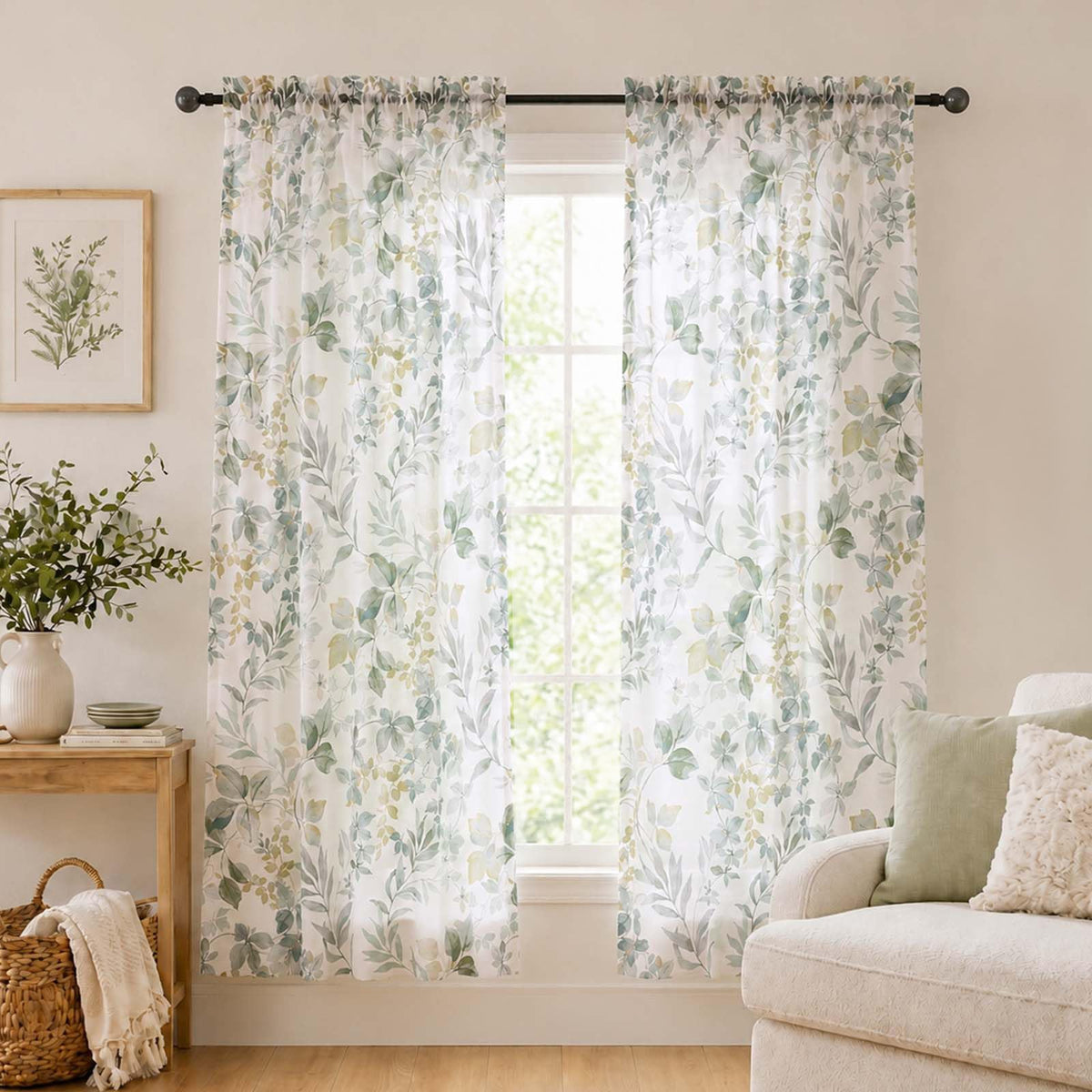 OWENIE Crushed Sheer Curtains 63 Inch Length 2 Panels Set, Sheer Floral Curtians with Printed Leaves Design, Printing Drapes for Living Room, Rod Pocket Light Filtering Window Sheers 42" W x 63" L