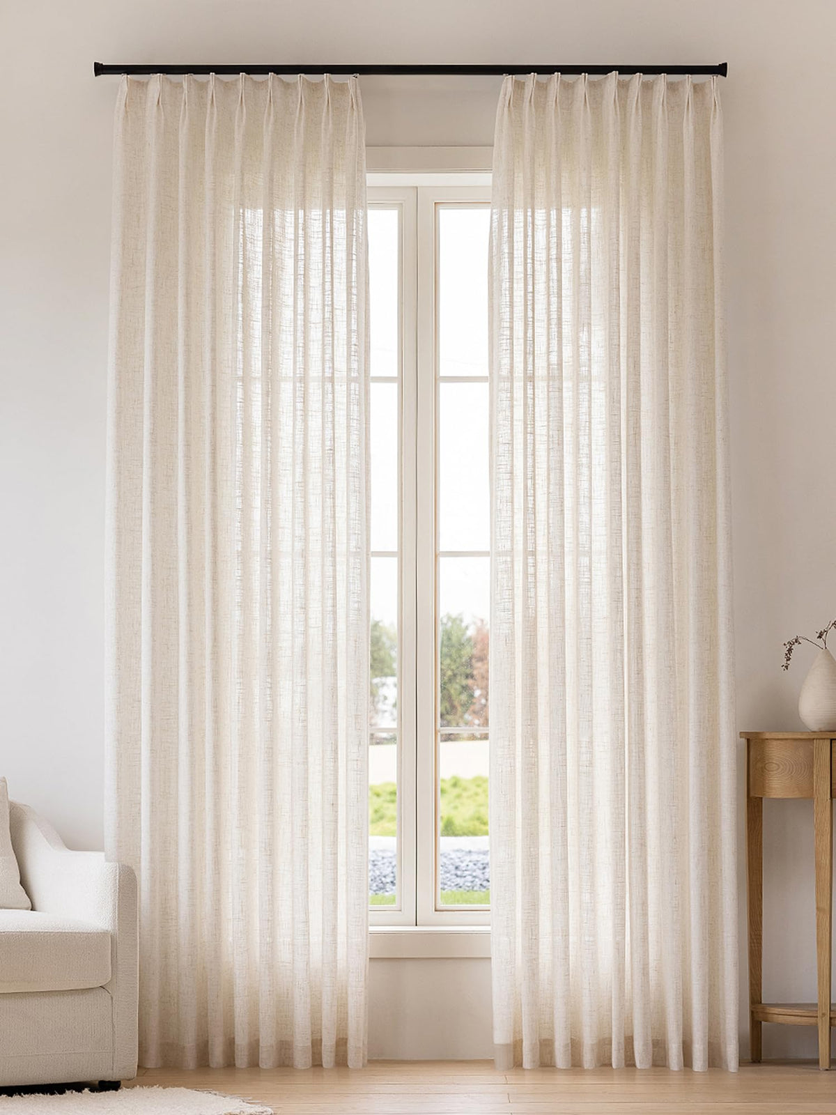 Liz Sheer Pinch Pleated Linen Curtains 102 Inches Long - Light Filtering Pleat Curtains for Living Room, Window Curtains for Bedroom, Luxury Pinch Pleated Drapes with Hooks, Natural, 2 Panels Set