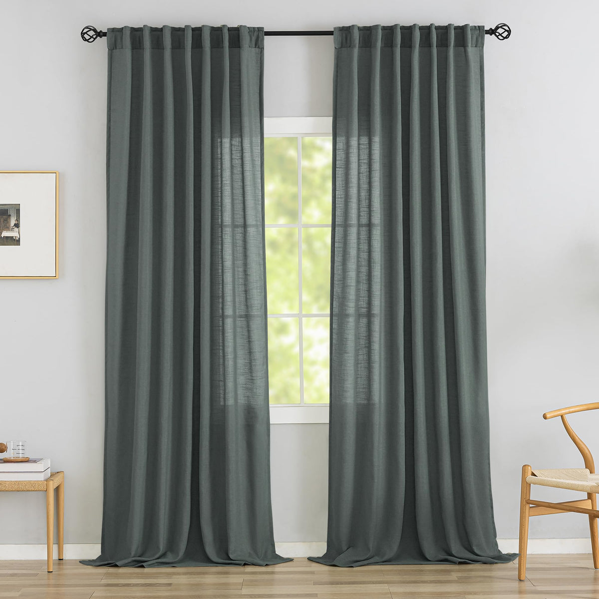 Natural Linen 144 Inch Length Curtains for Tall Floor Ceiling Villa Living Room -Cream Ivory Bak Tab Hooks Pleated Easy Open Sliding Semi Sheer 144 inch Extra Long 2 Story Window Curtains,12 Foot