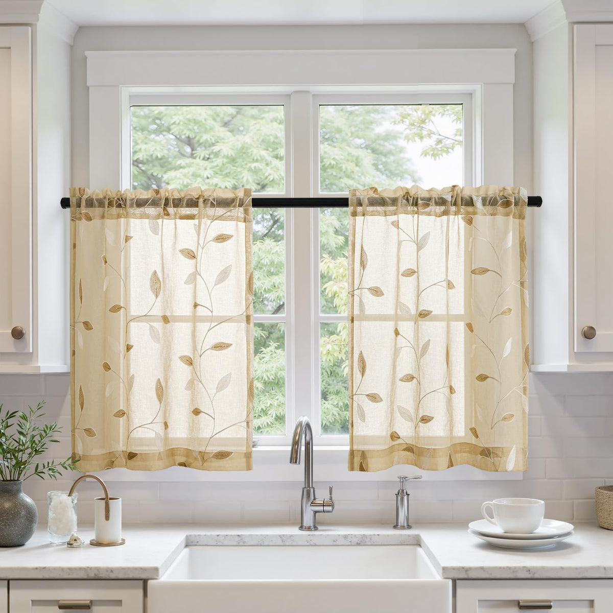 MIULEE Beige Sheer Curtains 2 Panels Embroidered Leaf Patterned, W52 x L84