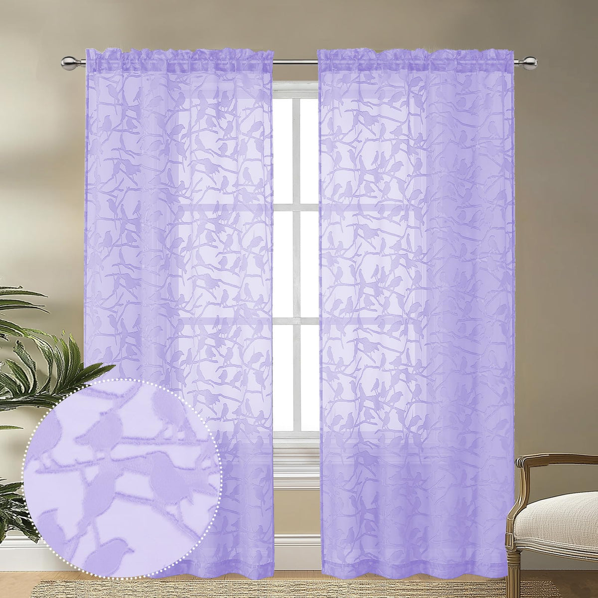 OVZME Sage Green Sheer Curtains 63 Inch Length 2 Panel Set, Light Filtering Bedroom Curtains with Dual Rod Pocket Top, Leaf Bird Clip Jacquard Sheer Farmhouse Window Drapes for Living Room, 2x38Wx63L