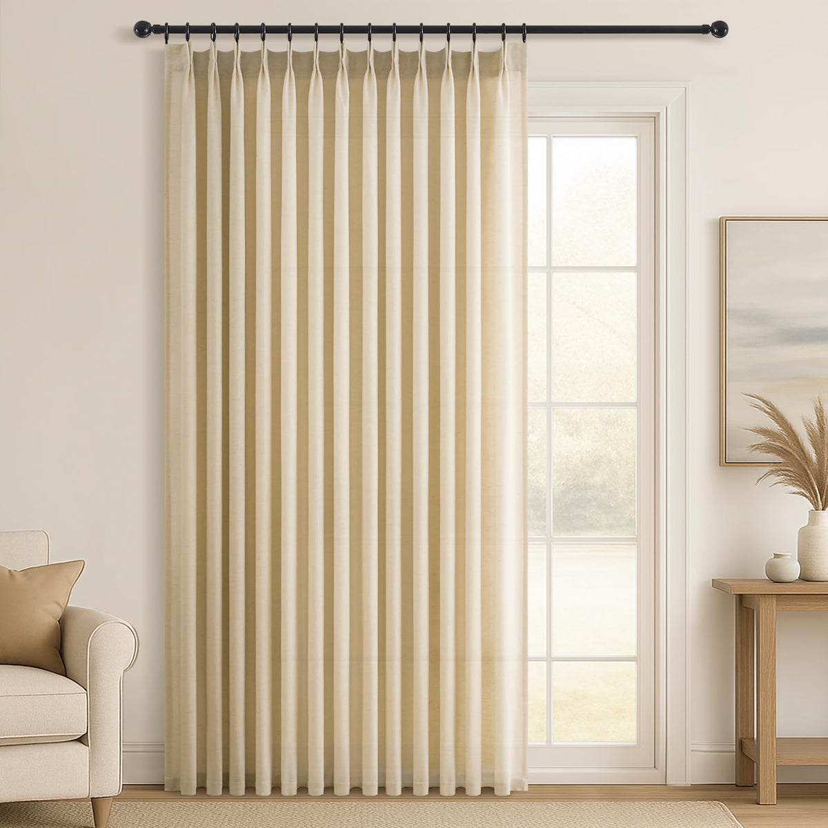 96 Inches Long Pinch Pleated Semi Sheer Curtains,Natural Linen Blended Light Filtering Window Curtains 96 Length 2 Panels for Living Room Bedroom Pinch Pleat Drapes with Hooks 2 Panels 40" Wx96 L