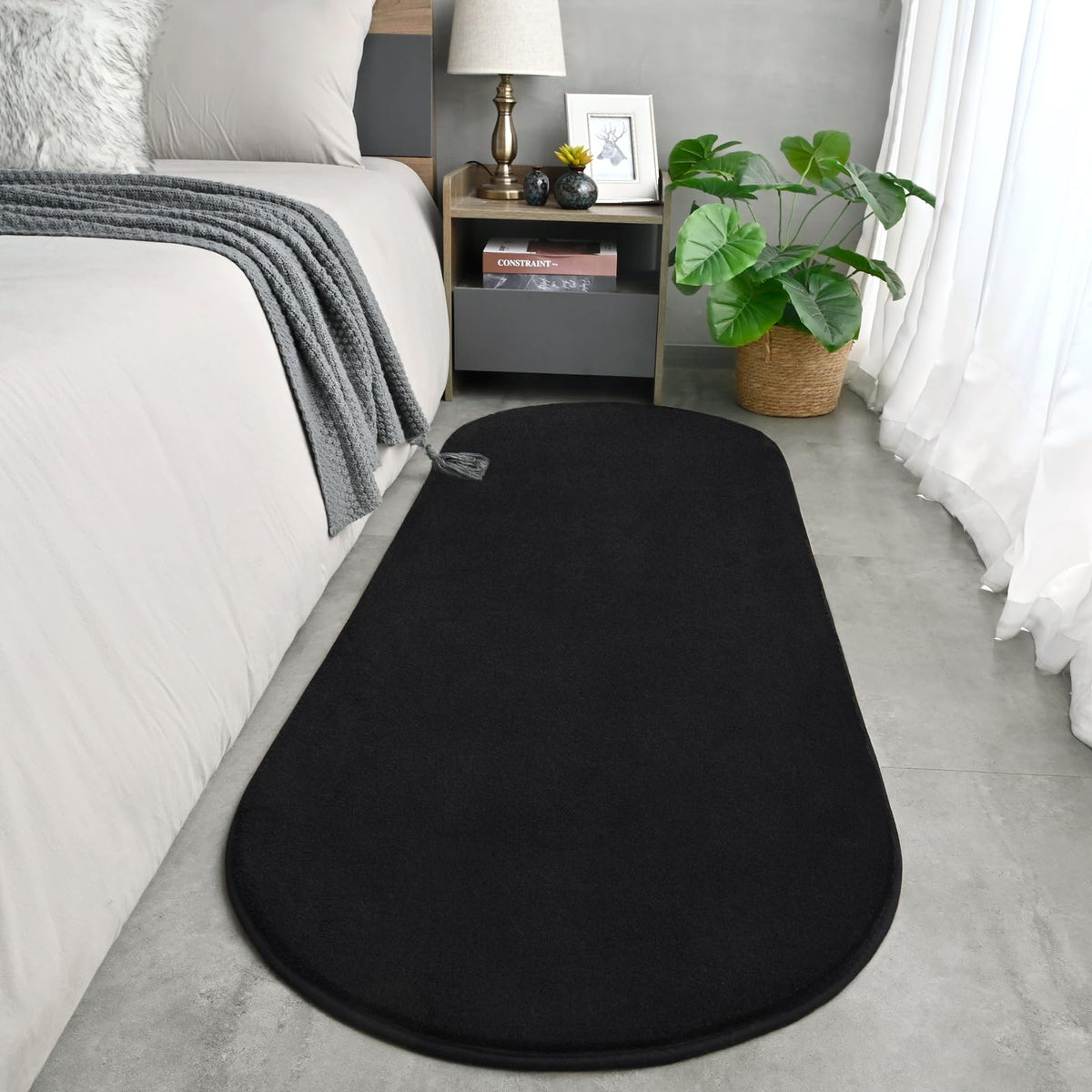 Amearea Soft Oval Rugs for Bedroom, 2.6 x 5.3 Black Bedroom Bedside Rug