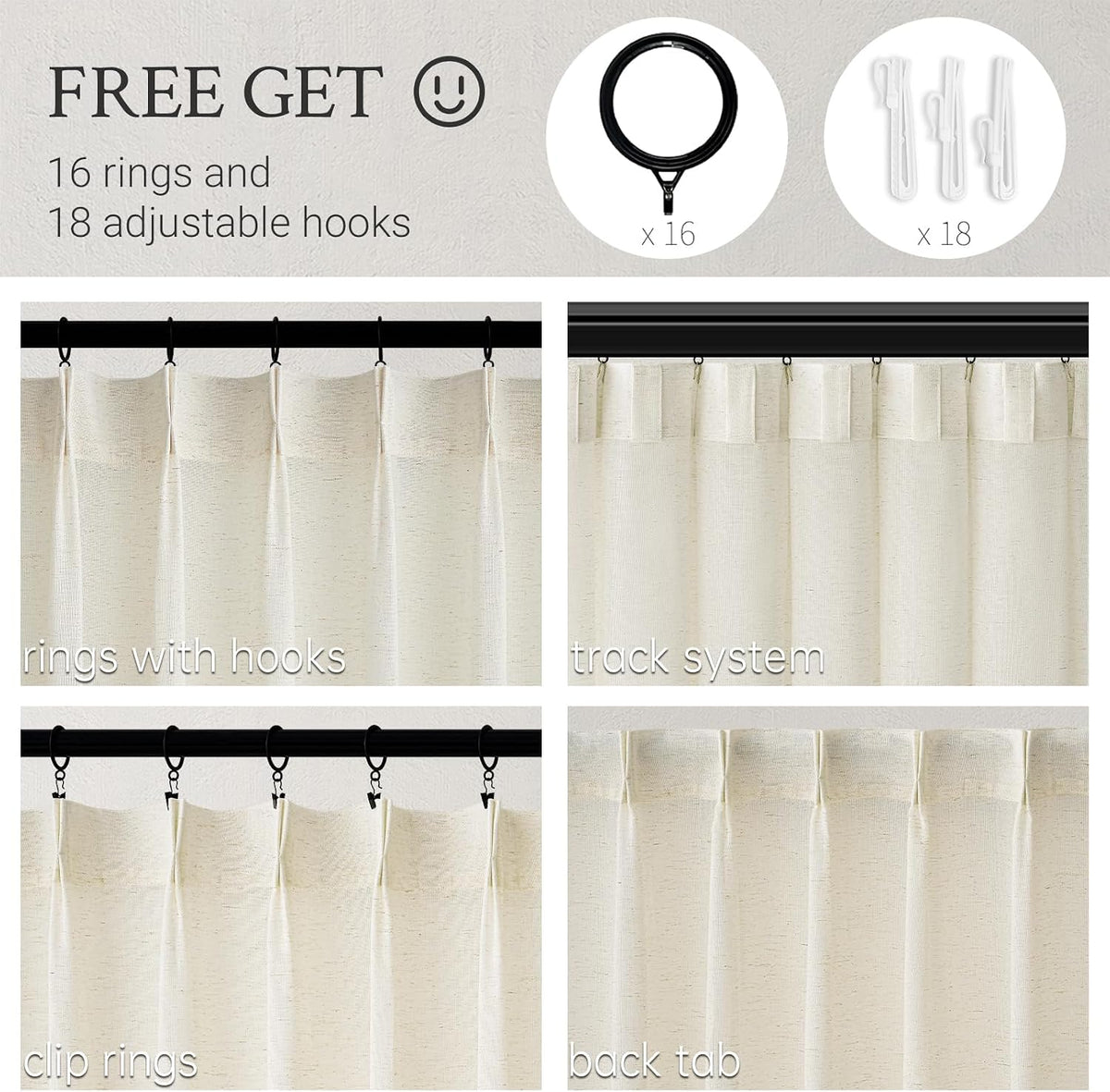 96 Inches Long Pinch Pleated Semi Sheer Curtains,Natural Linen Blended Light Filtering Window Curtains 96 Length 2 Panels for Living Room Bedroom Pinch Pleat Drapes with Hooks 2 Panels 40" Wx96 L