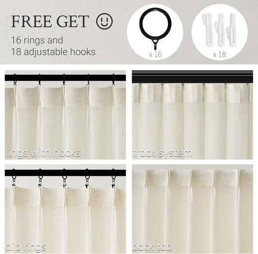 96 Inches Long Pinch Pleated Semi Sheer Curtains,Natural Linen Blended Light Filtering Window Curtains 96 Length 2 Panels for Living Room Bedroom Pinch Pleat Drapes with Hooks 2 Panels 40" Wx96 L