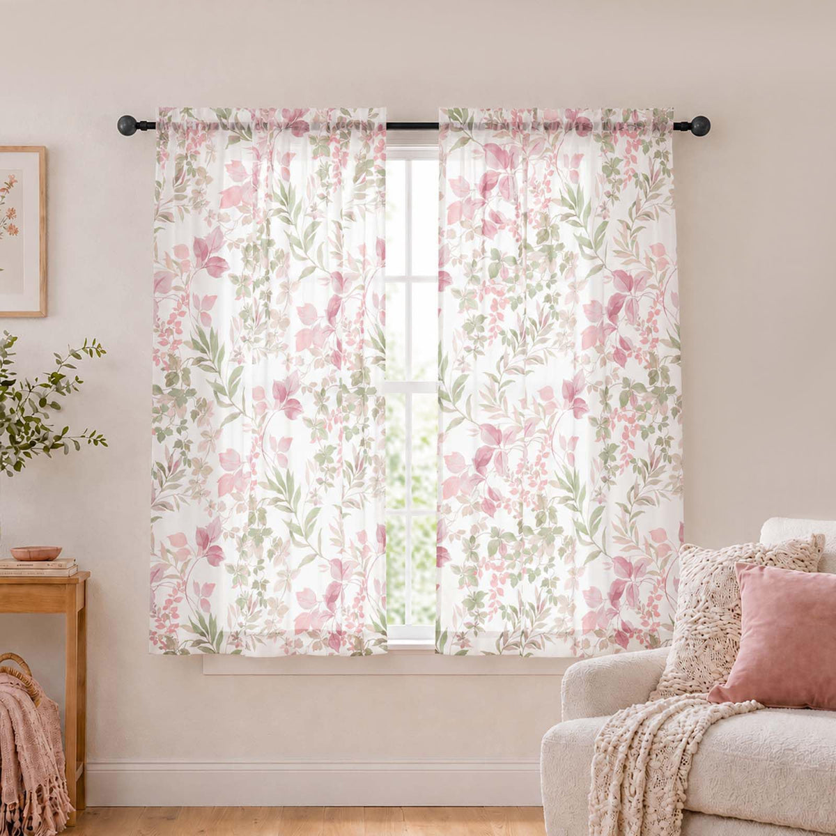 OWENIE Crushed Sheer Curtains 63 Inch Length 2 Panels Set, Sheer Floral Curtians with Printed Leaves Design, Printing Drapes for Living Room, Rod Pocket Light Filtering Window Sheers 42" W x 63" L
