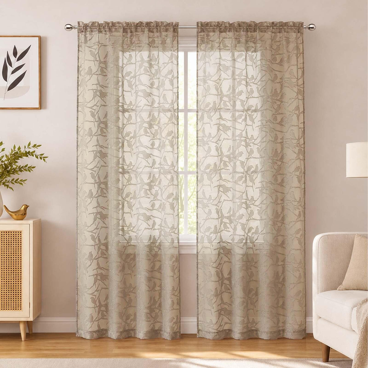 OVZME Sage Green Sheer Curtains 63 Inch Length 2 Panel Set, Light Filtering Bedroom Curtains with Dual Rod Pocket Top, Leaf Bird Clip Jacquard Sheer Farmhouse Window Drapes for Living Room, 2x38Wx63L