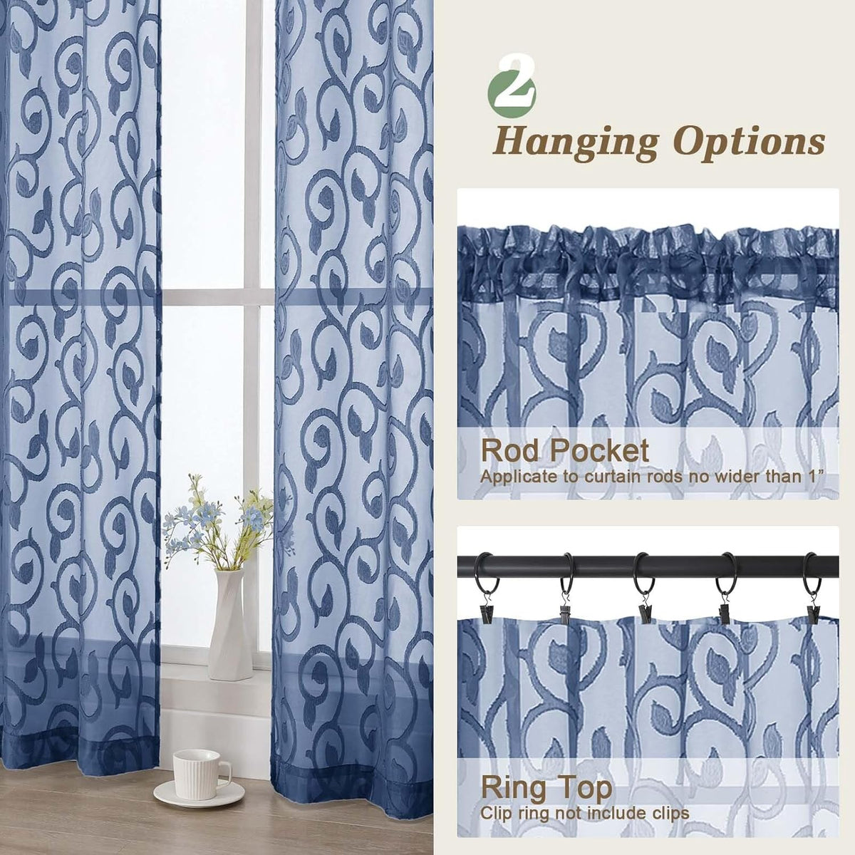 Dusty Blue Sheer Curtains for Bedroom Living Room 72 Inches Long 2 Panels Set, Soft Airy Geometric Jacquard Clip Curtains Drapes, Modern Rod Pocket Door Curtain, 2Pcs Each 42" Wx72 L Inch