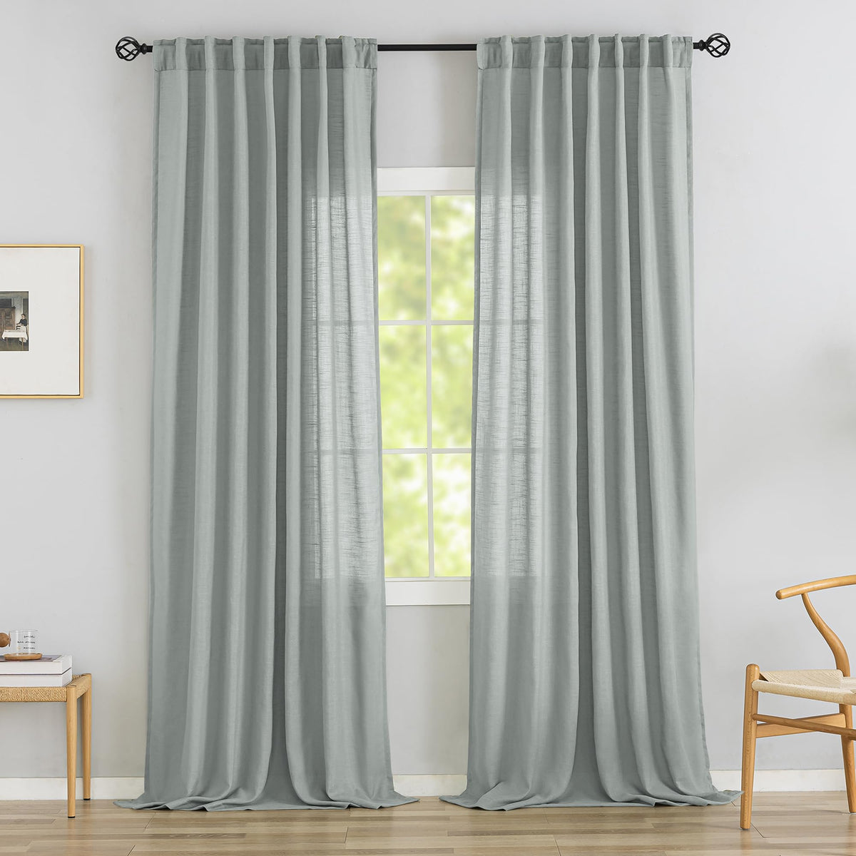 Natural Linen 144 Inch Length Curtains for Tall Floor Ceiling Villa Living Room -Cream Ivory Bak Tab Hooks Pleated Easy Open Sliding Semi Sheer 144 inch Extra Long 2 Story Window Curtains,12 Foot