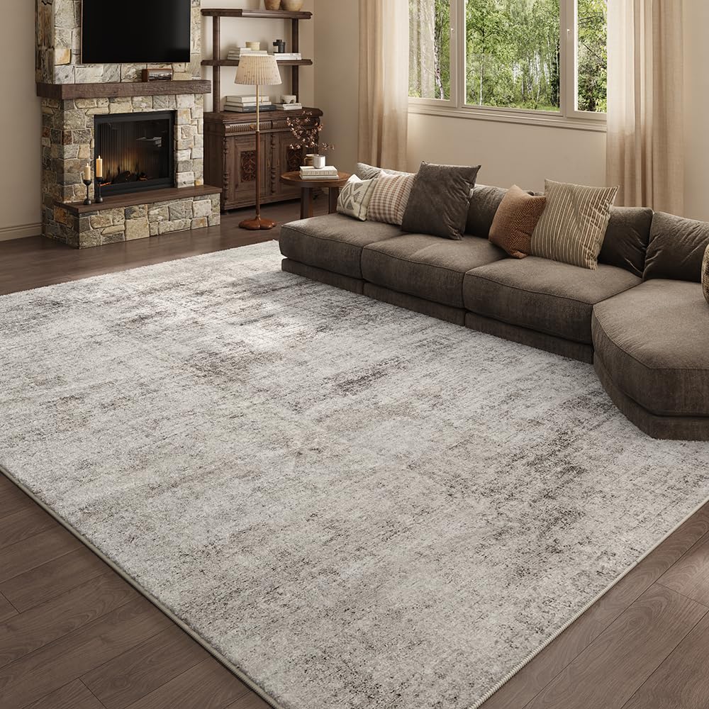 8x10 Pink Gray Washable Area Rug for Living Room, Vintage Print