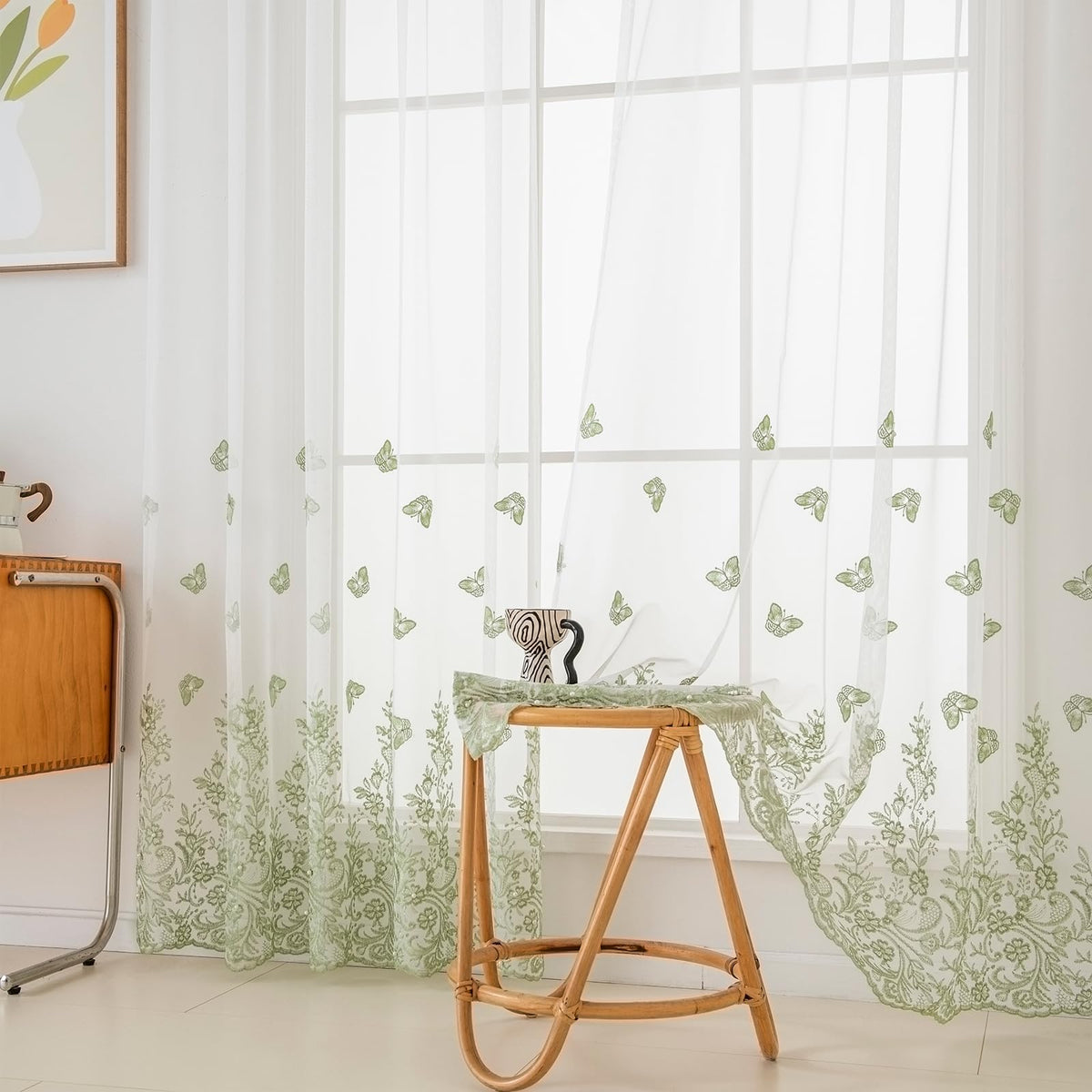 VISIONTEX Sheer Curtains Boho Leaf Floral Embroidered Cream Beige 54Wx84L
