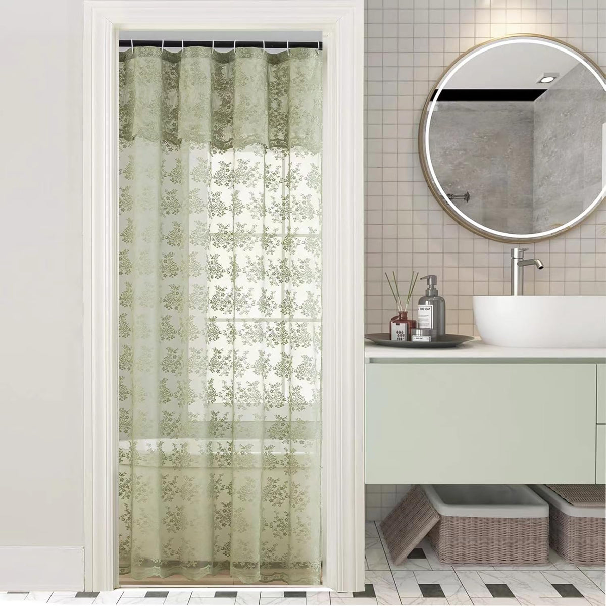Ivory Lace Shower Curtain 72x72, Vintage Shabby Chic with Attached Valance