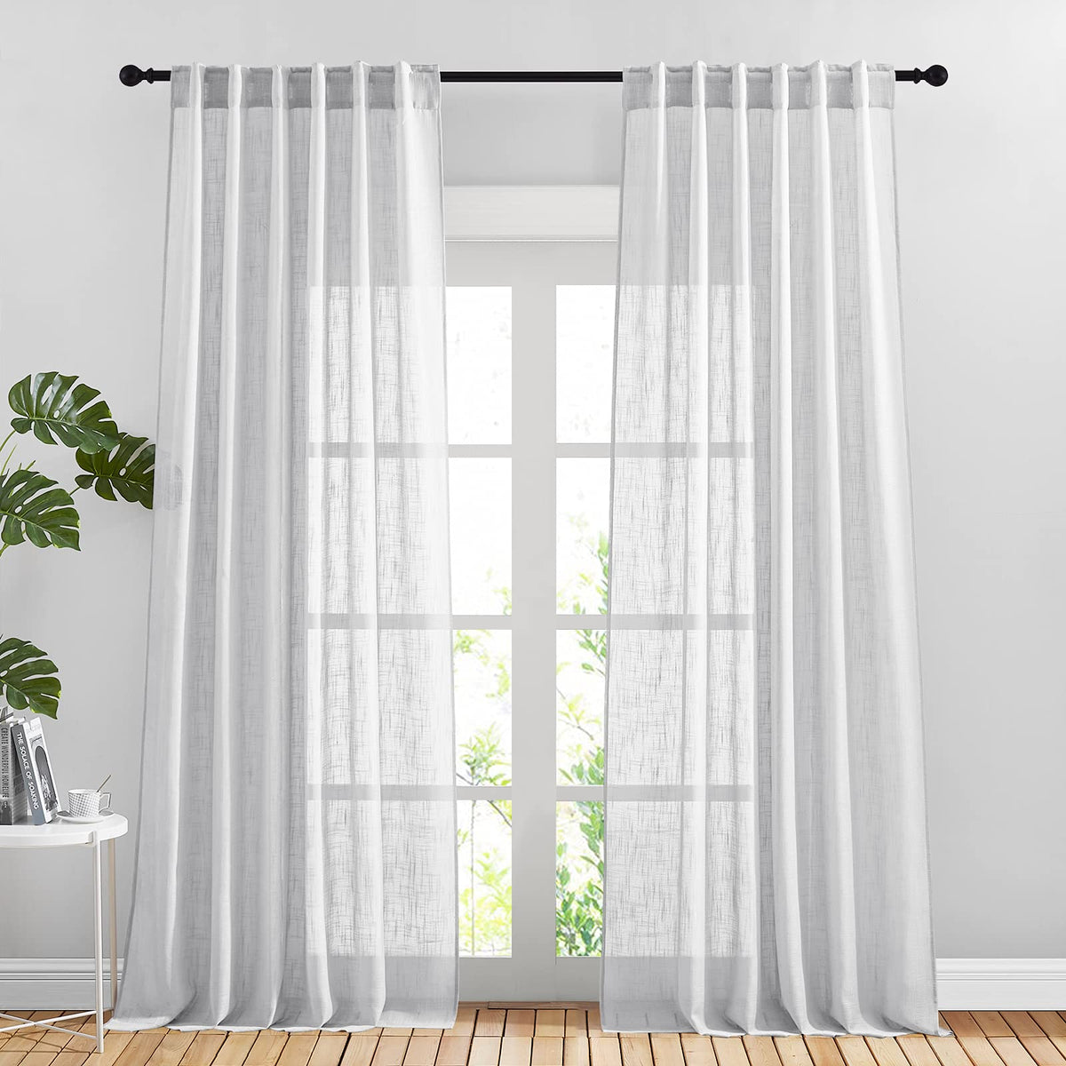 NICETOWN White Linen Sheer Curtains and Drapes 84 inches Long, Rod Pocket & Back Tab semitransparent with Light Through Vertical Window Treatments for Sliding Glass Door & Living Room, 52"W, Set of 2
