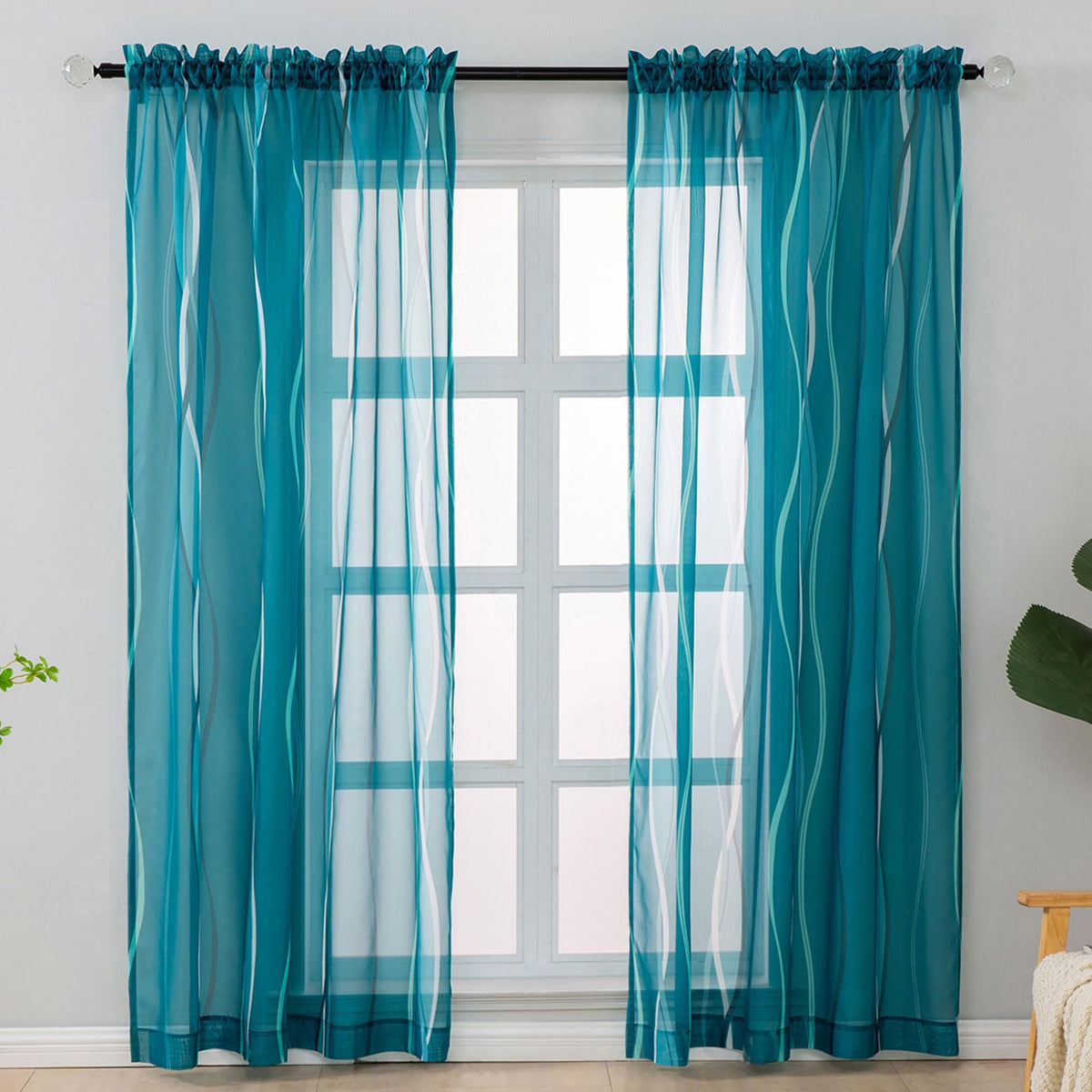 L.Z.E White and Teal Sheer Curtains 84 Inches Long, Light Filtering Elegant Patterned Curtains with Design for Living Room Bedroom Dining Room, Lightweight Window Drapes, Grommet Top 2 Panels Set