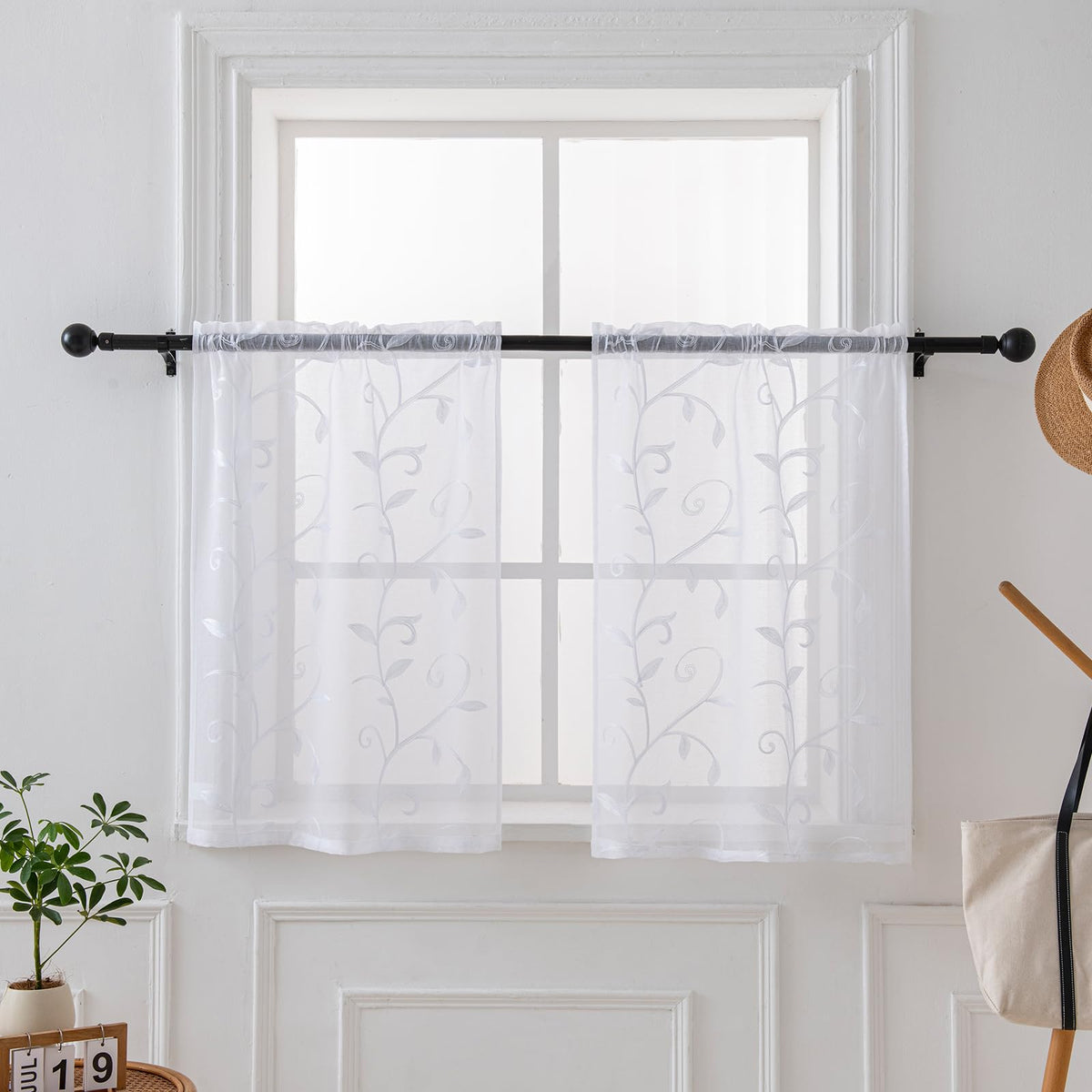 VISIONTEX Sheer Curtains Boho Leaf Floral Embroidered Cream Beige 54Wx84L