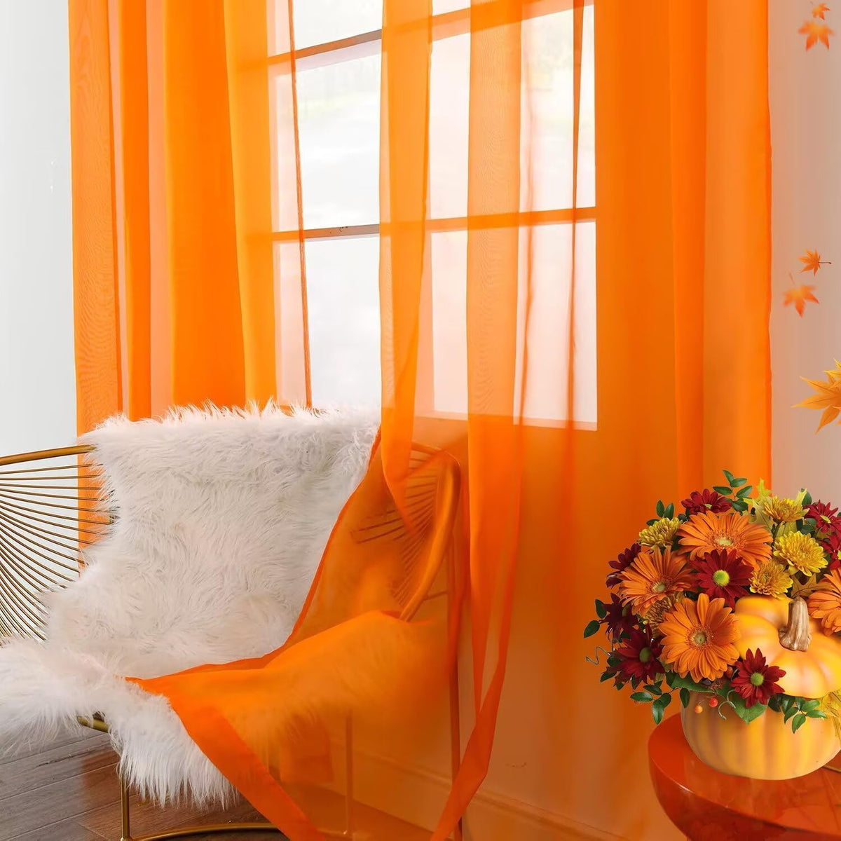 youleyar Solid Sheer Rod Pocket Curtain Voile Draperies 2 Panels White Beige Black Grey Coffee 52 Inch Width 84 Inch Long 1 Pair for Kitchen Bedroom Children Living Room Yard (Orange,52Wｘ84L)