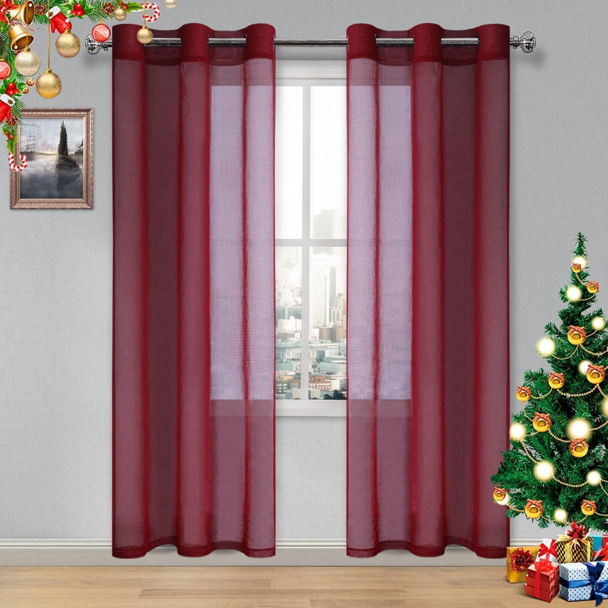 DWCN White Sheer Curtains Linen Look Semi Transparent Voile Grommet White Curtains for Living Dining Room Drapes 52 x 84 Inch Long, Set of 2 Panels