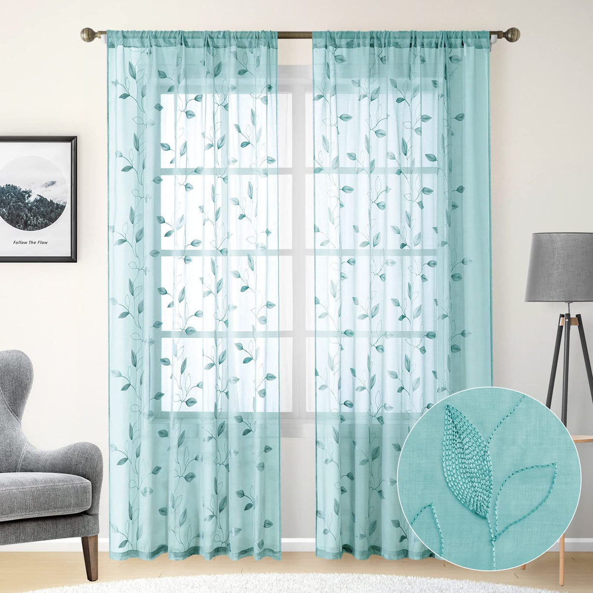 HOMEIDEAS Sage Green Sheer Curtains Leaf Embroidered, 52x84 Inch, 2 Panels
