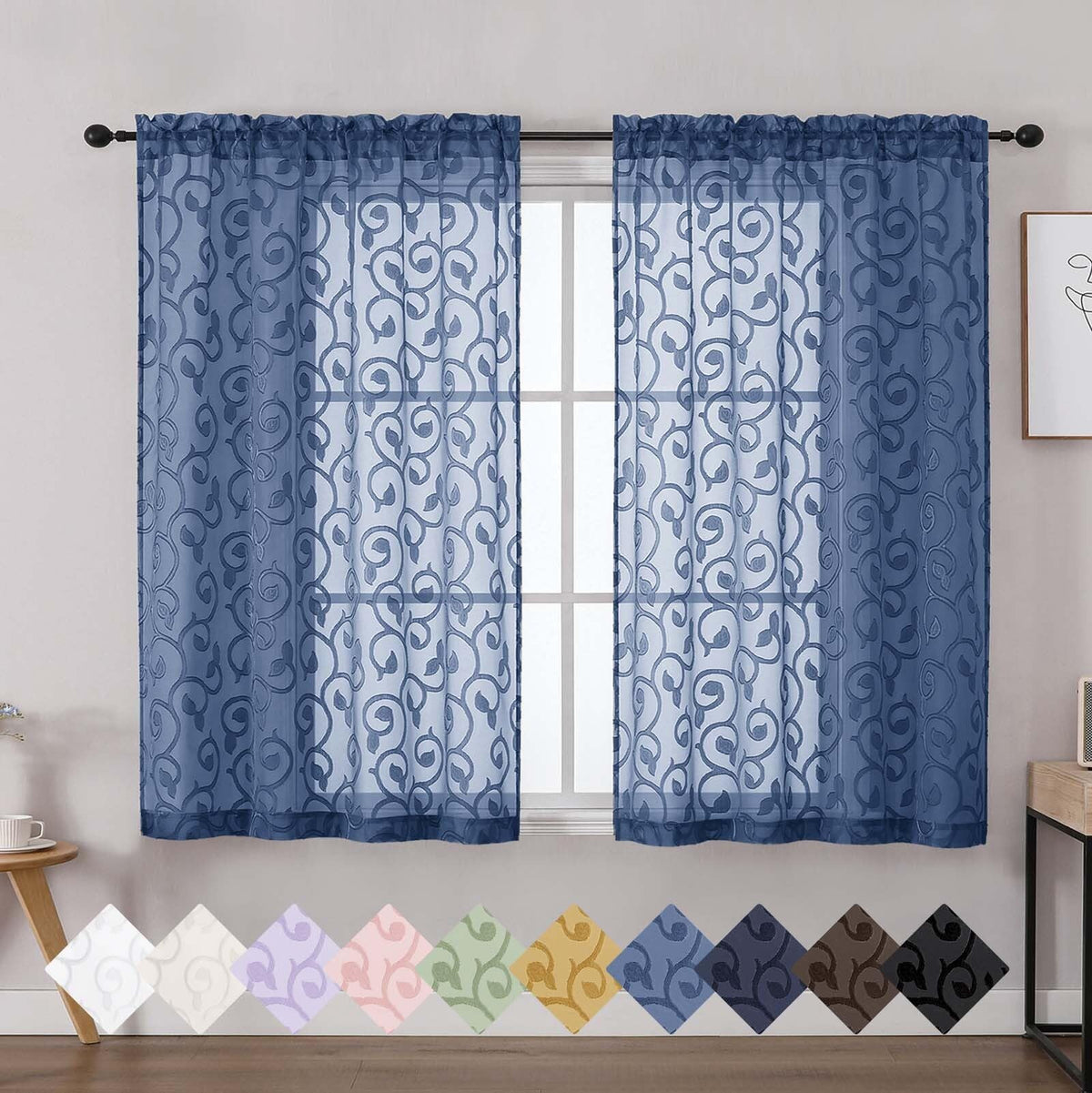 Dusty Blue Sheer Curtains for Bedroom Living Room 72 Inches Long 2 Panels Set, Soft Airy Geometric Jacquard Clip Curtains Drapes, Modern Rod Pocket Door Curtain, 2Pcs Each 42" Wx72 L Inch