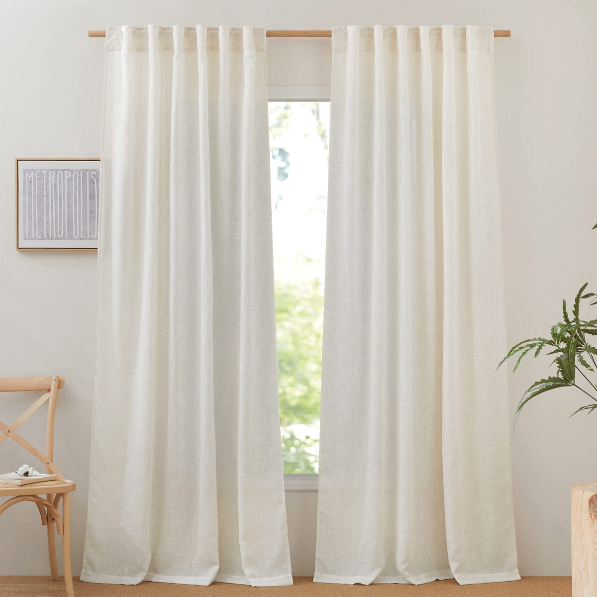 NICETOWN White Linen Sheer Curtains and Drapes 84 inches Long, Rod Pocket & Back Tab semitransparent with Light Through Vertical Window Treatments for Sliding Glass Door & Living Room, 52"W, Set of 2