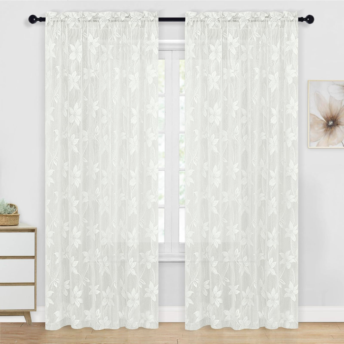 DWCN White Sheer Curtains - Short Curtains Floral Lace Design Rod Pocket Window Voile Sheer Drapes for Bedroom Kitchen Small Window 42 x 54 inch Length, 2 Panels White